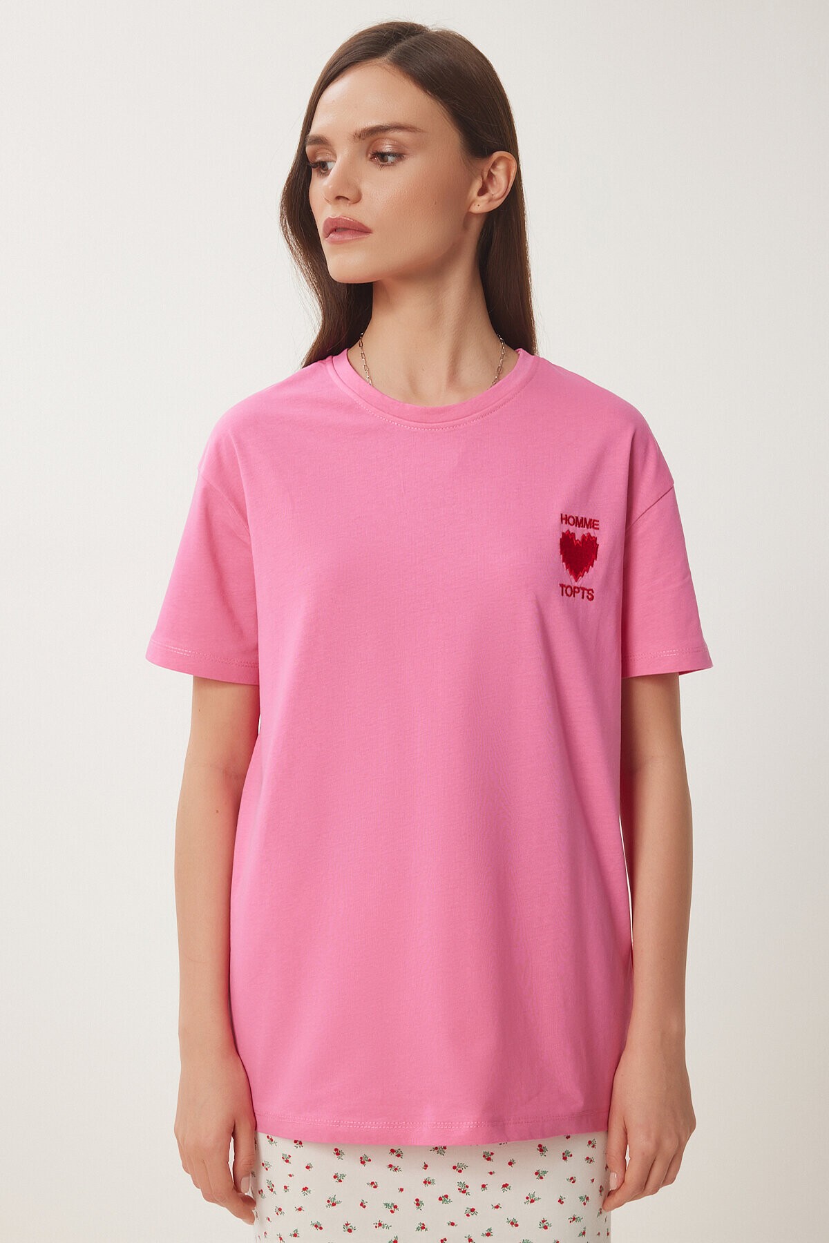 Kalp Nakışlı Pamuklu Örme T-shirt PEMBE LMP0007