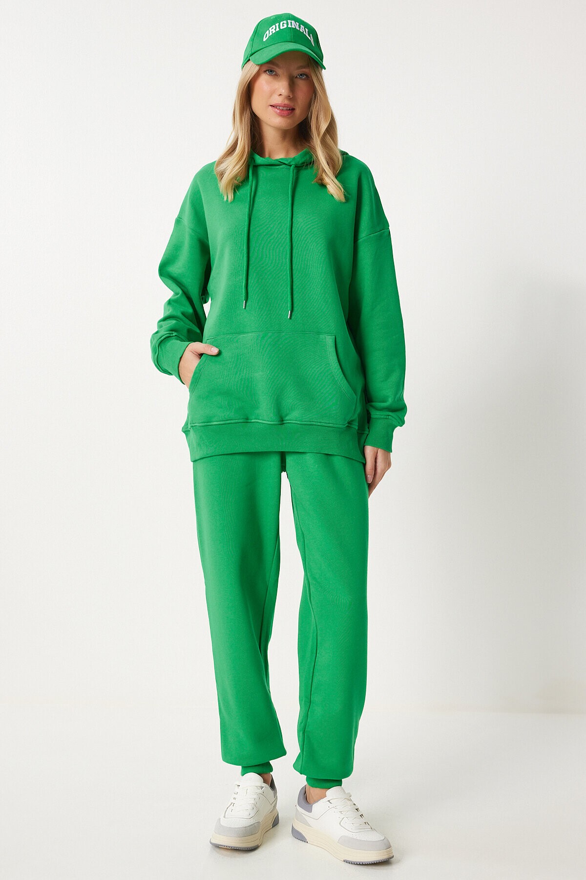 Kapüşonlu Sweatshirt Jogger Oversize Örme Eşofman Takımı YEŞİL LPYS003