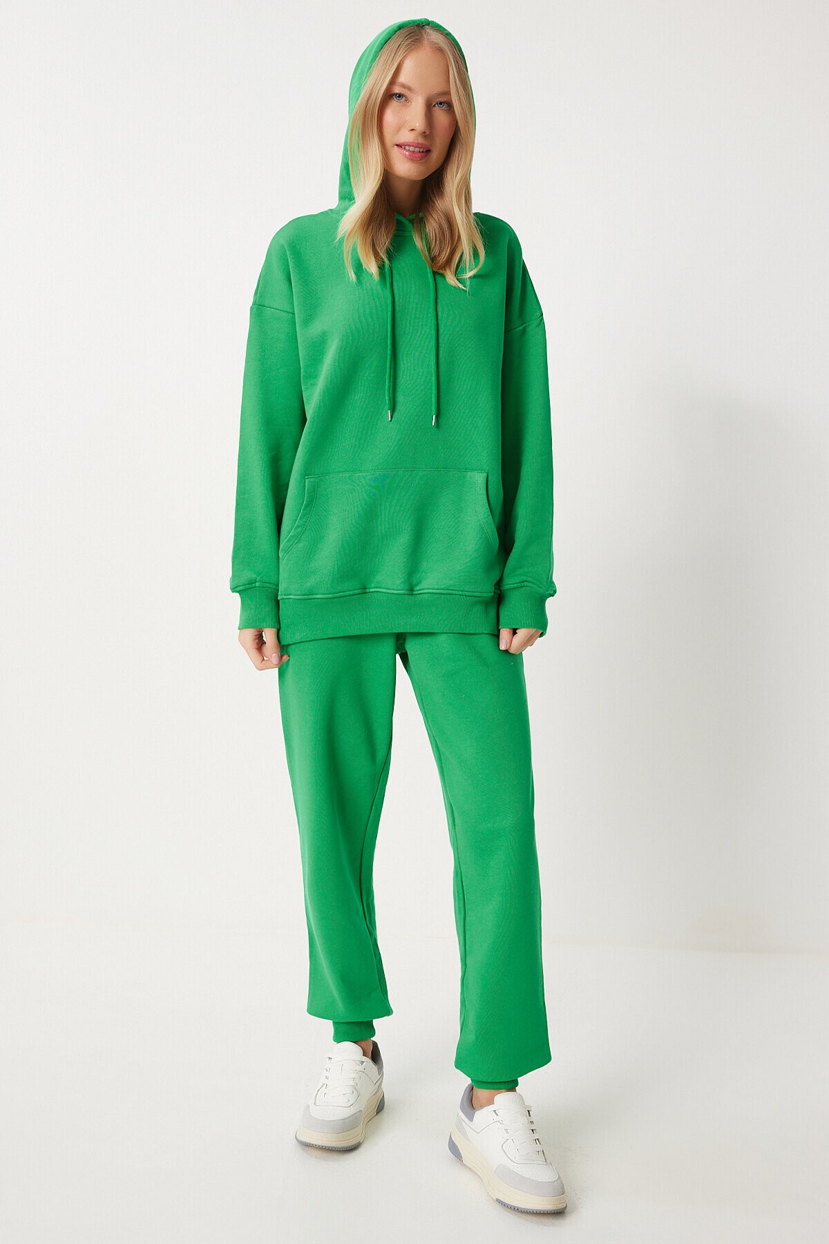 Kapüşonlu Sweatshirt Jogger Oversize Örme Eşofman Takımı YEŞİL LPYS003