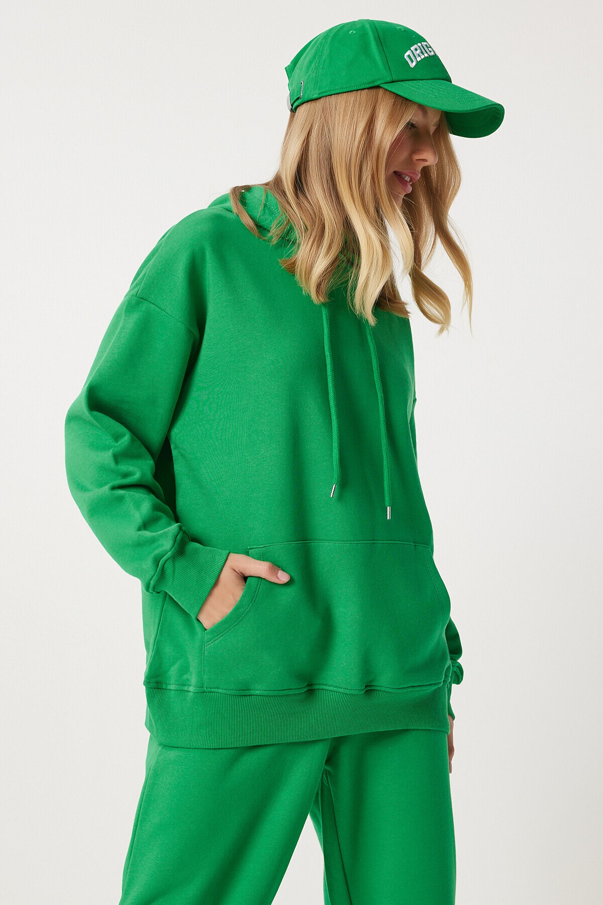 Kapüşonlu Sweatshirt Jogger Oversize Örme Eşofman Takımı YEŞİL LPYS003