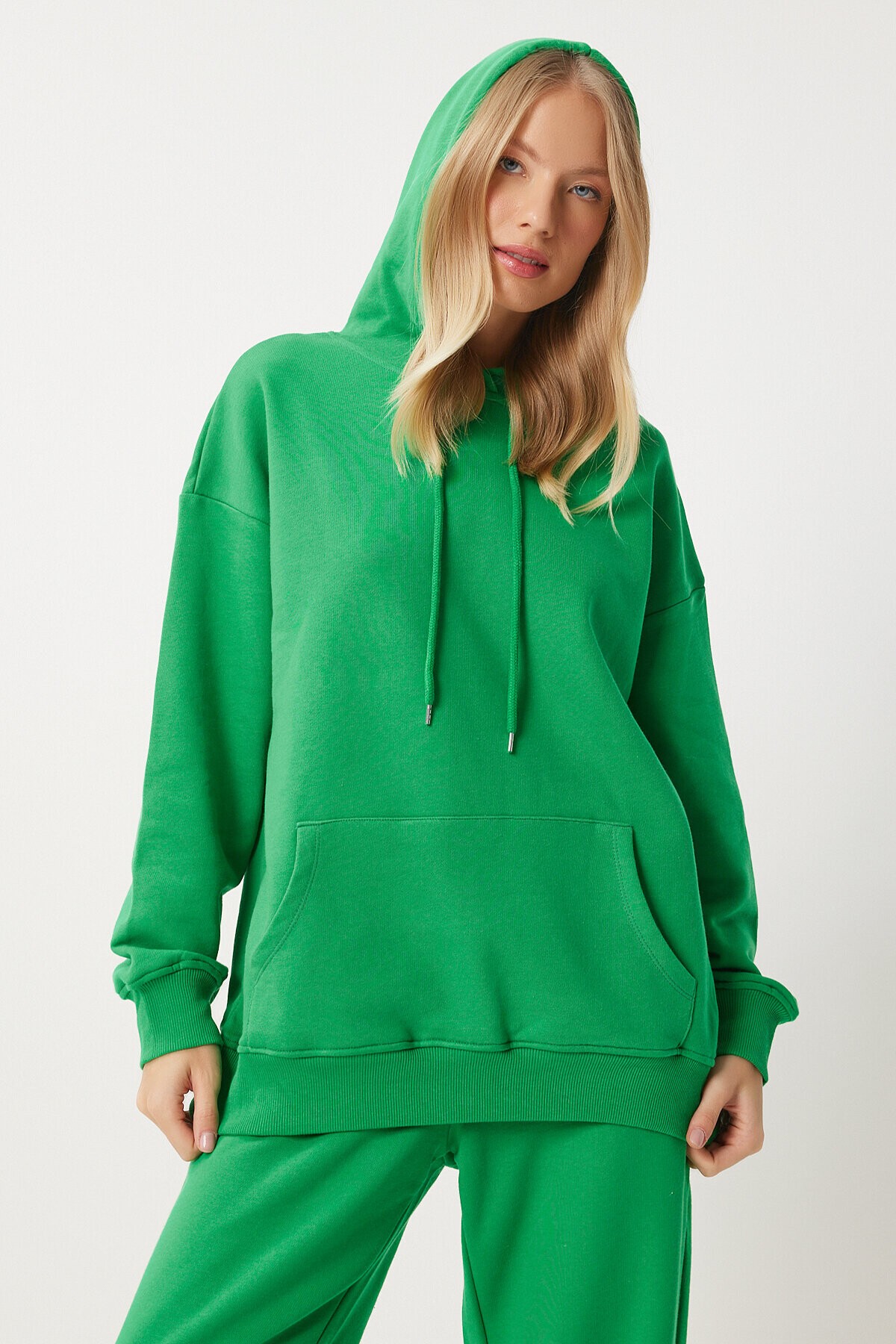 Kapüşonlu Sweatshirt Jogger Oversize Örme Eşofman Takımı YEŞİL LPYS003