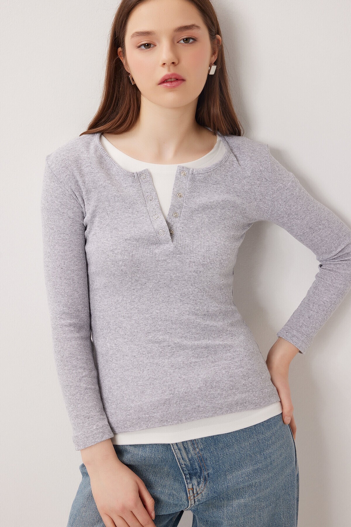 Katmanlı Çıtçıtlı Fitilli Örme Bluz GRİ MELANJ LRN0030