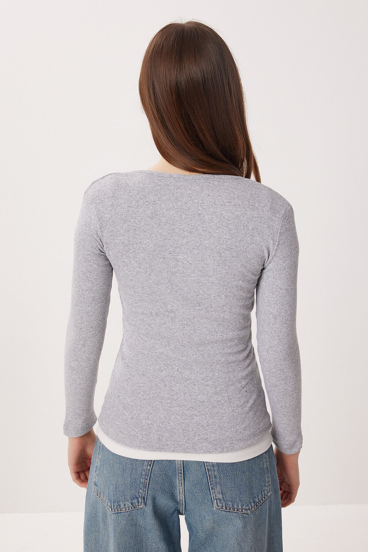 Katmanlı Çıtçıtlı Fitilli Örme Bluz GRİ MELANJ LRN0030