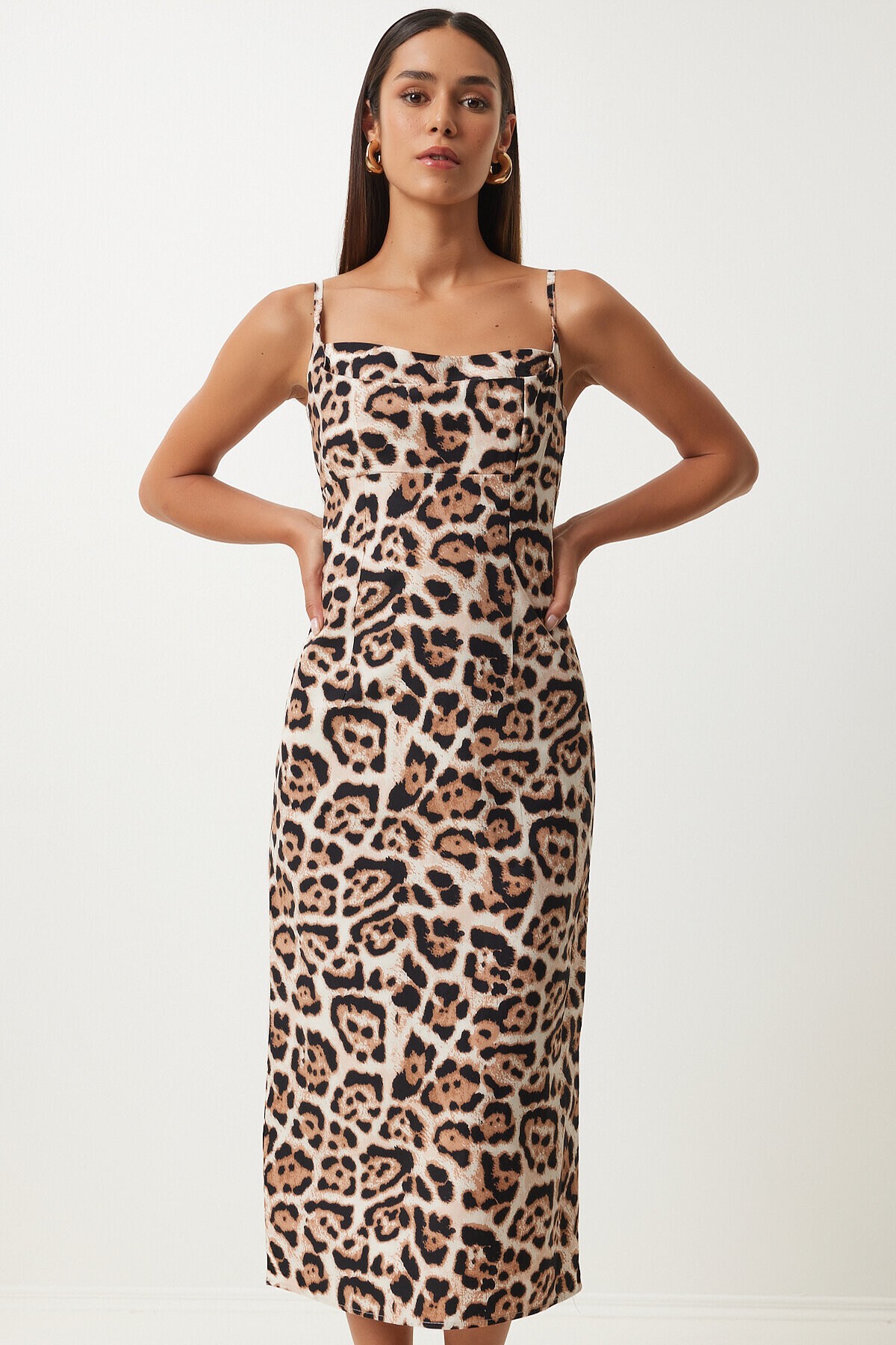 Leopar Desenli Askılı Midi Elbise SİYAH BEJ LKJ0006