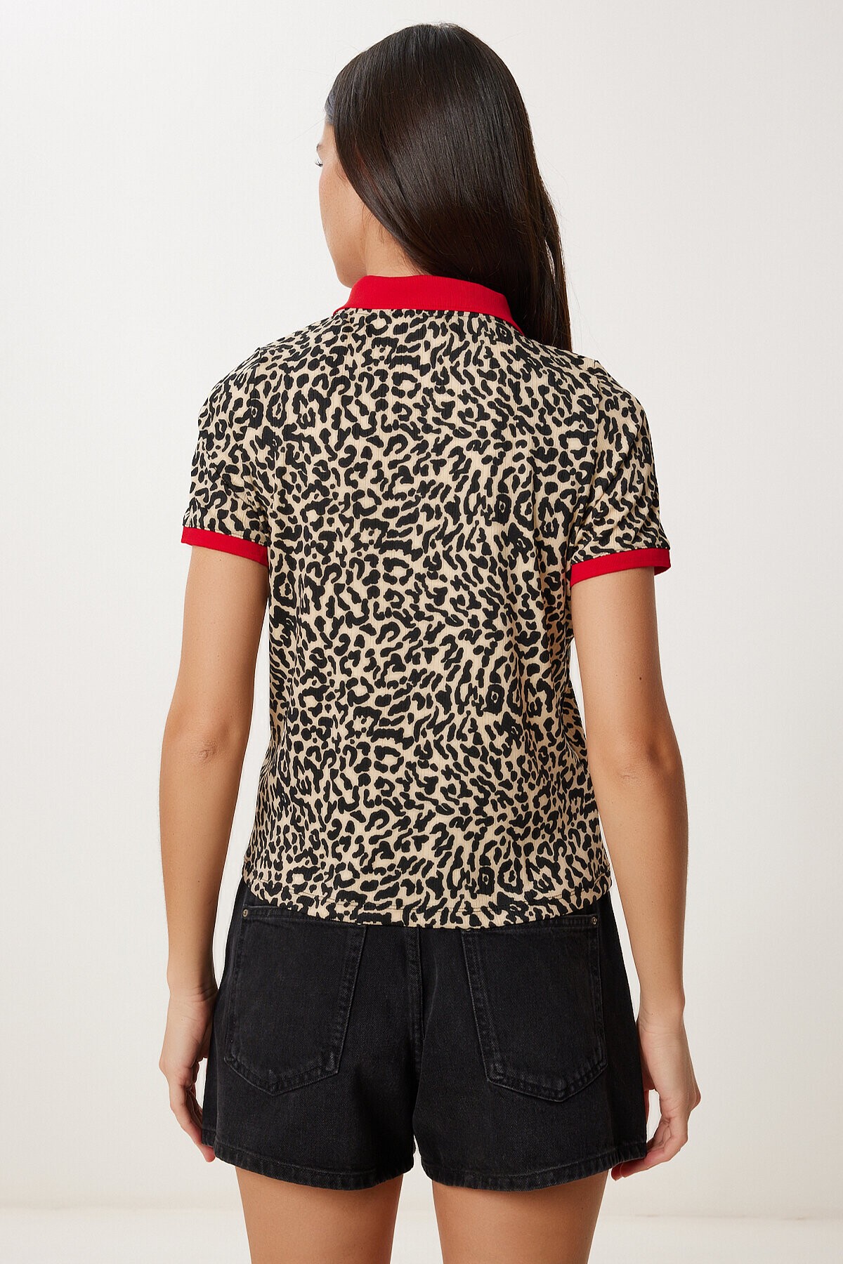 Leopar Desenli Esnek Örme Bluz SİYAH KREM LTP0022