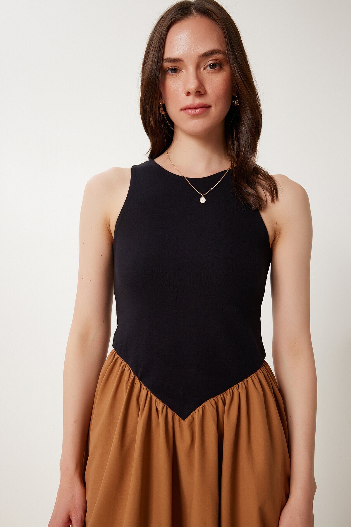 Örme Üstlü Poplin Etekli Yazlık Elbise SİYAH CAMEL LUS0140