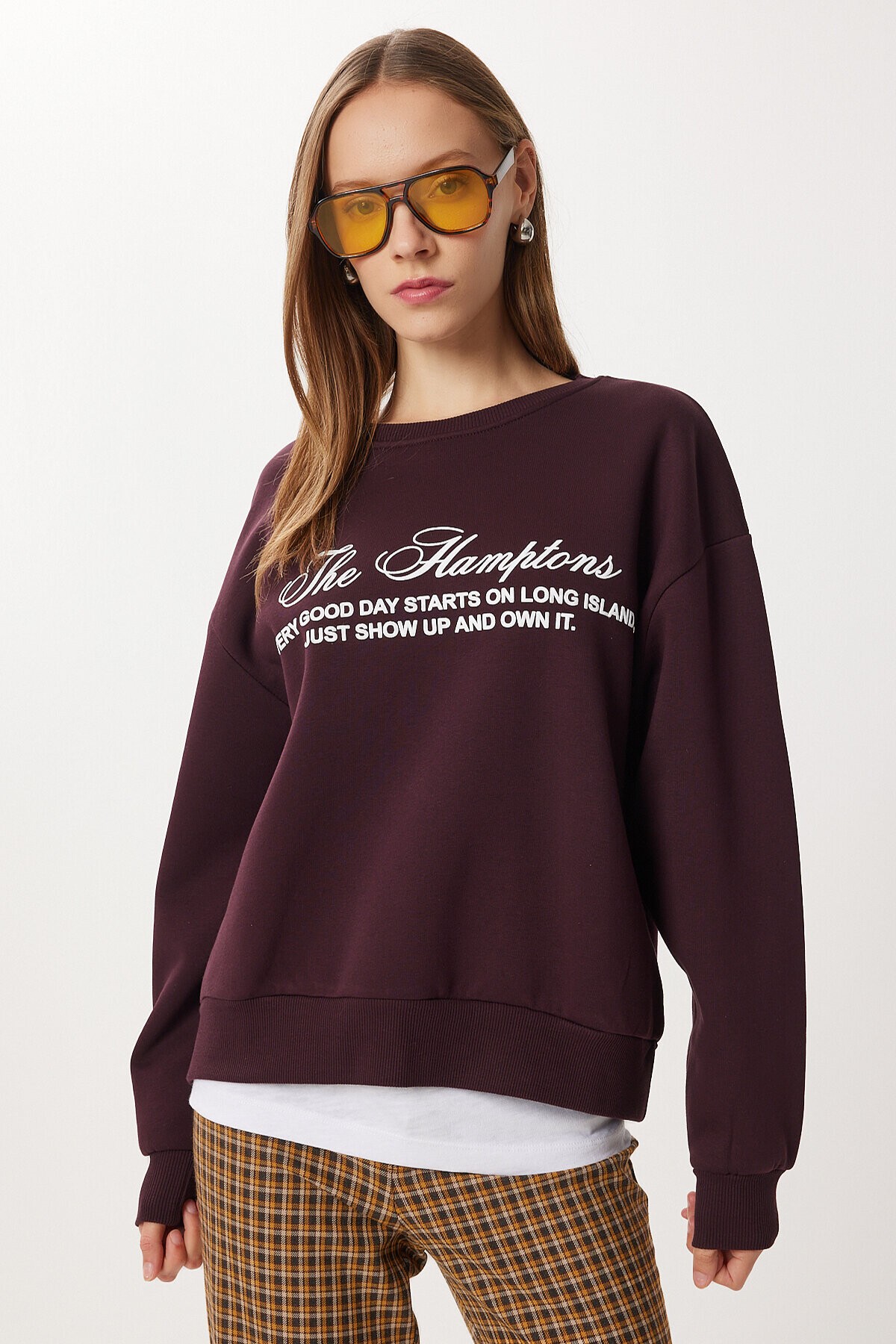 Oversize Baskılı Şardonlu Örme Sweatshirt MÜRDÜM LUB0313