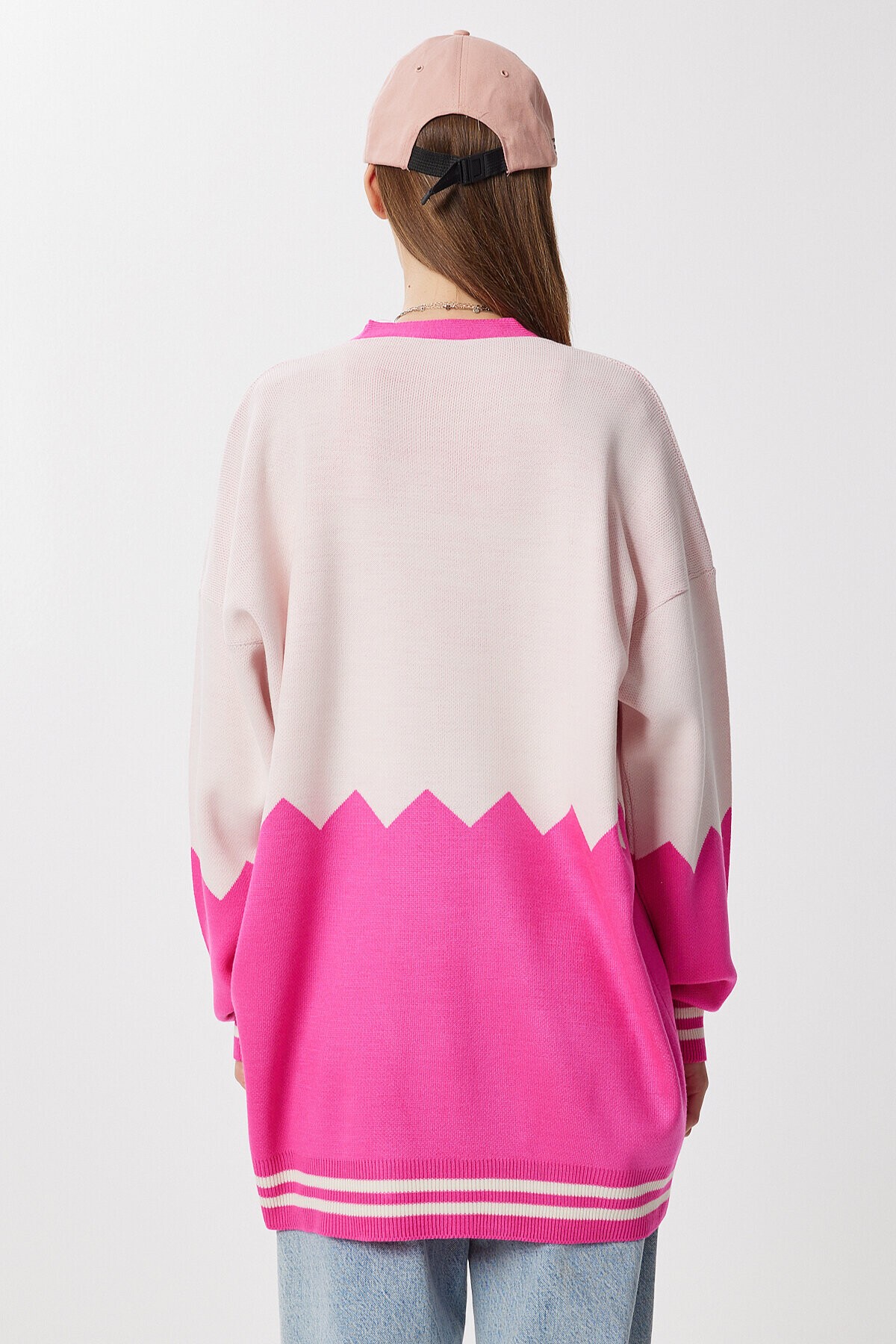 Oversize Kontrast Renkli Triko Hırka PEMBE EKRU LYY0132