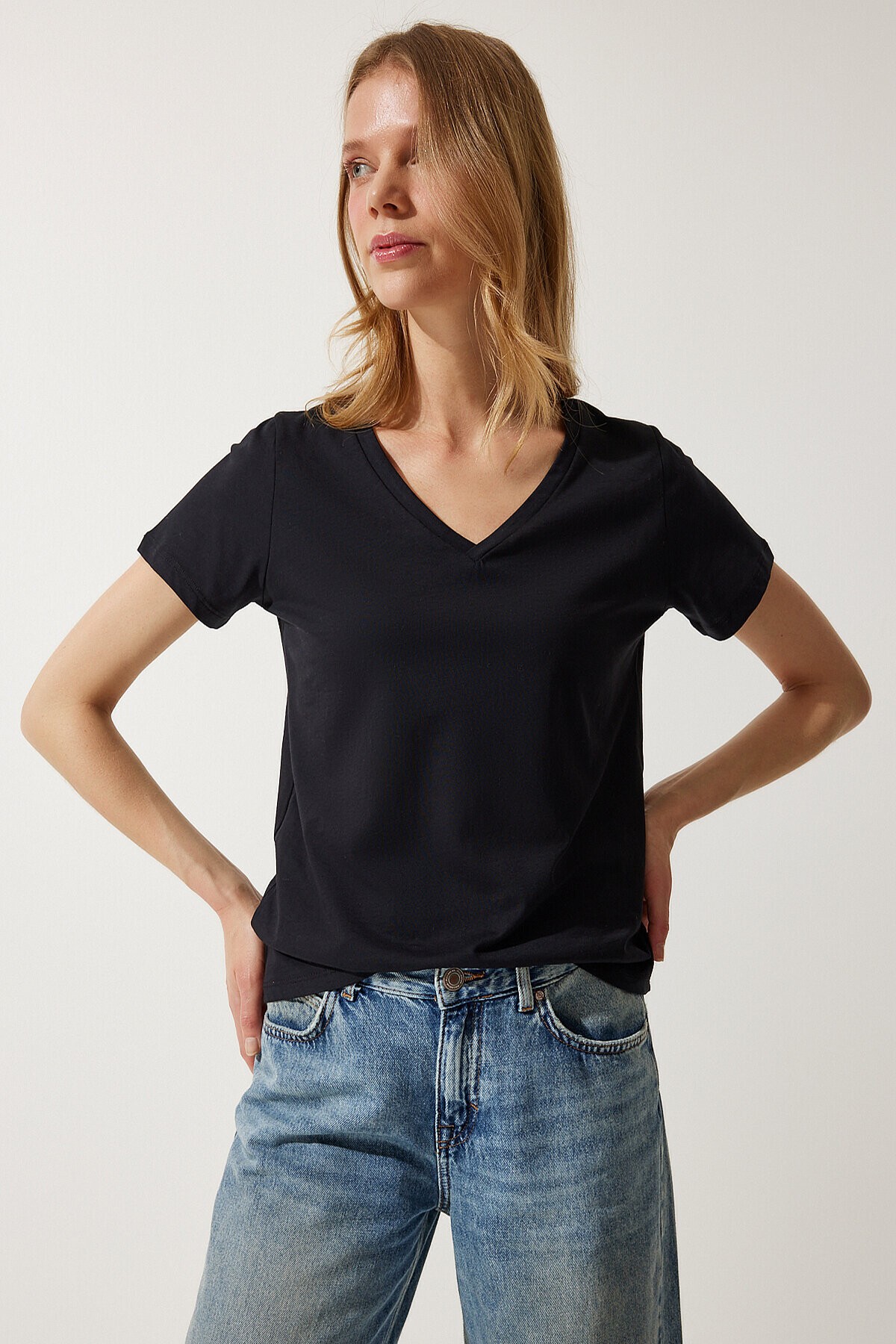 V Yaka Basic Örme T-shirt SİYAH LUB0011