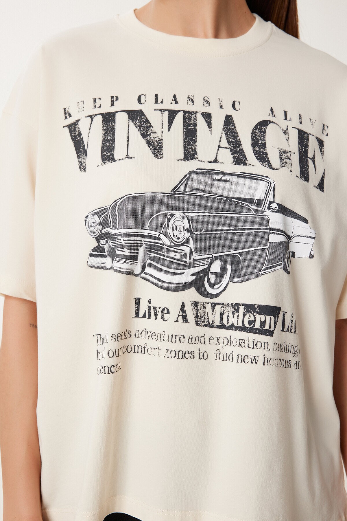 Vintage Baskılı Pamuklu Örme T-shirt KREM LUS0141