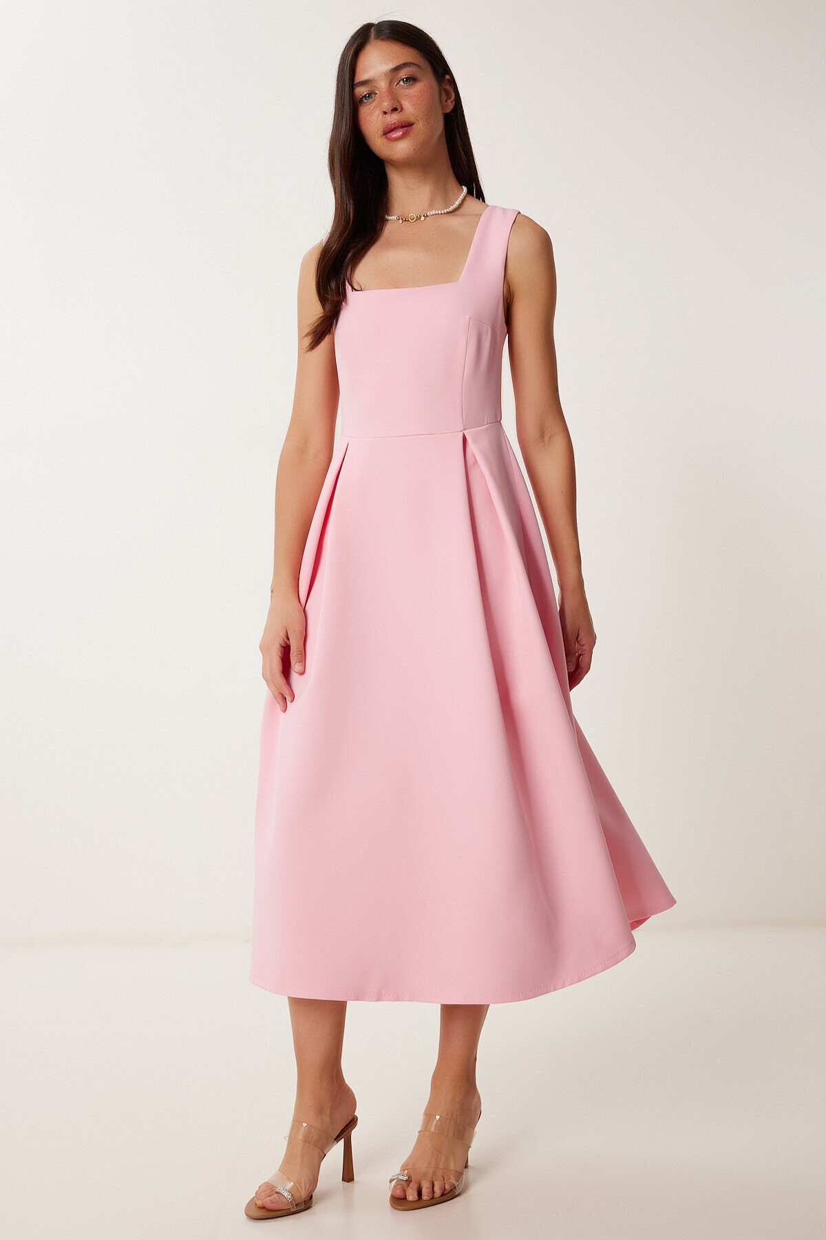 A Kesim Midi Dokuma Elbise PEMBE LWF0026