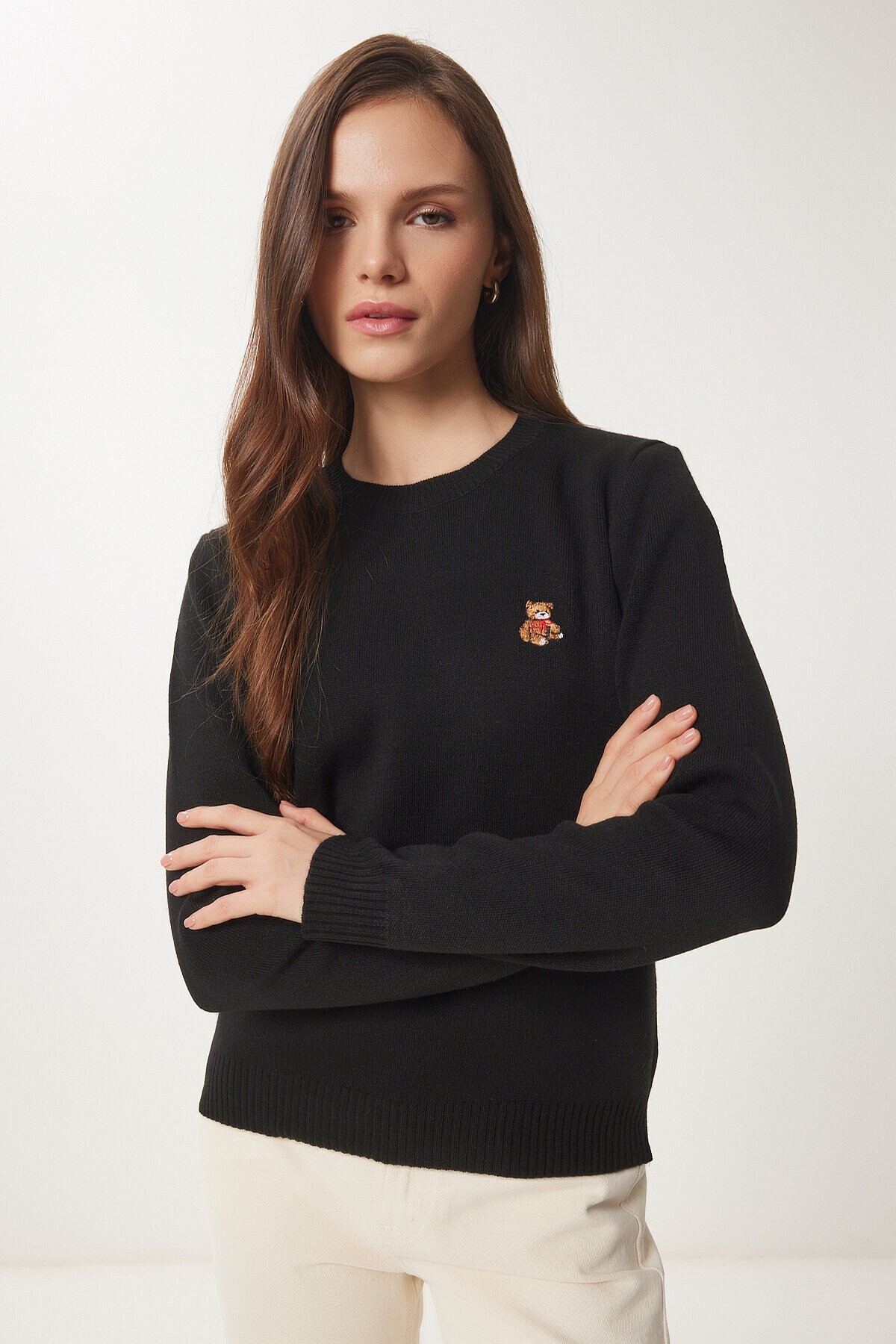 Ayıcık İşlemeli Triko Kazak SİYAH LDP0028