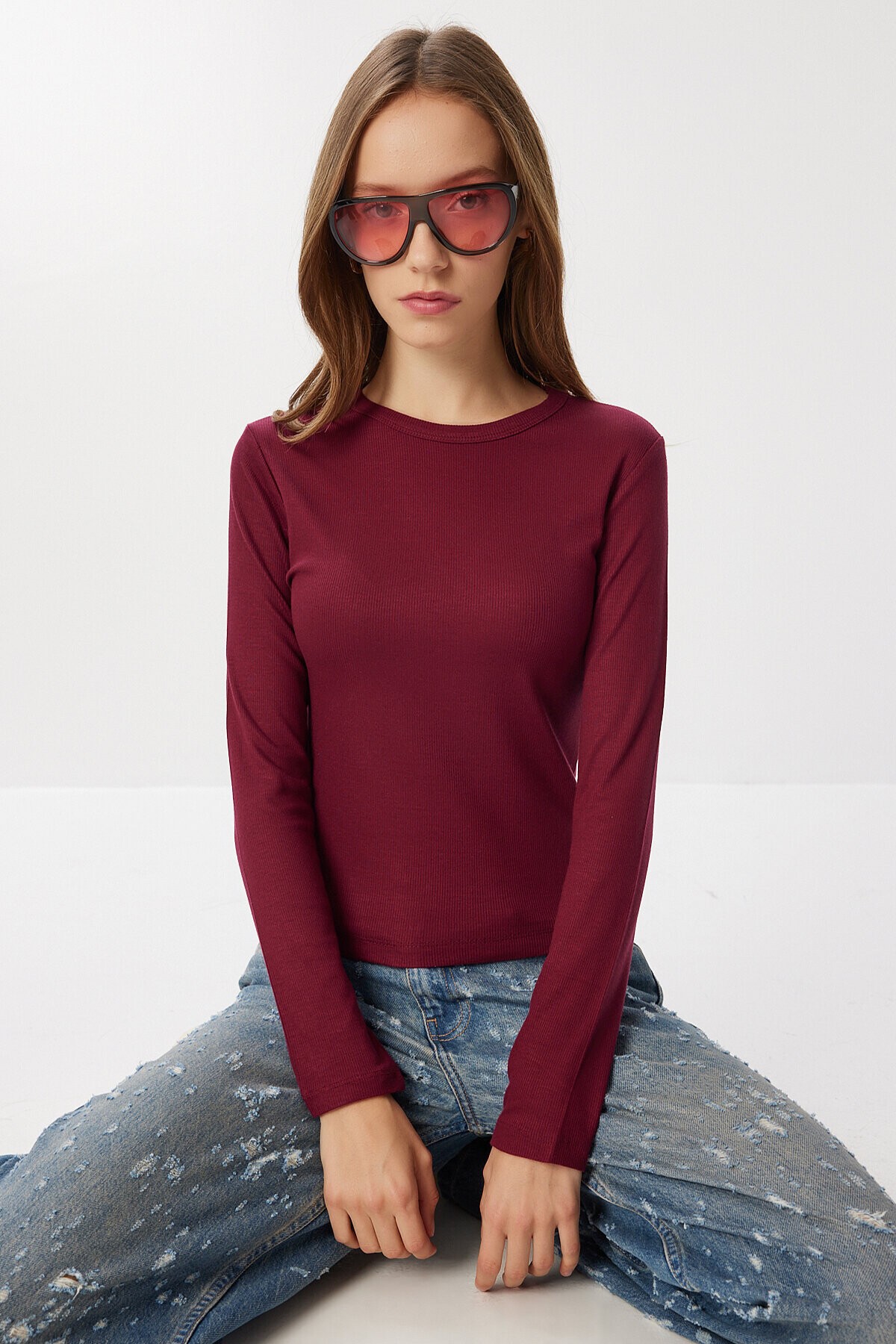 Basic Fitilli Örme Bluz BORDO LUB0296