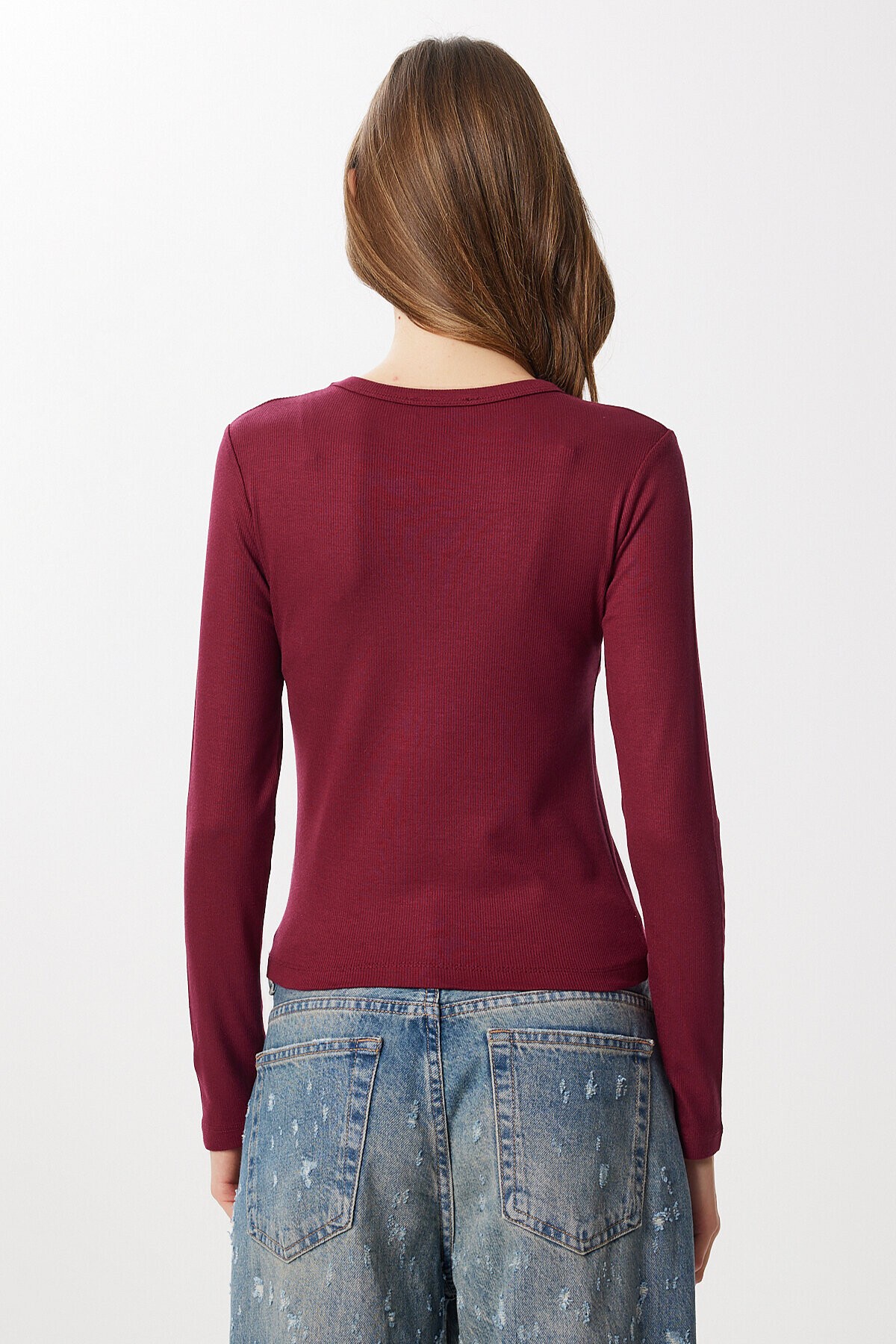 Basic Fitilli Örme Bluz BORDO LUB0296