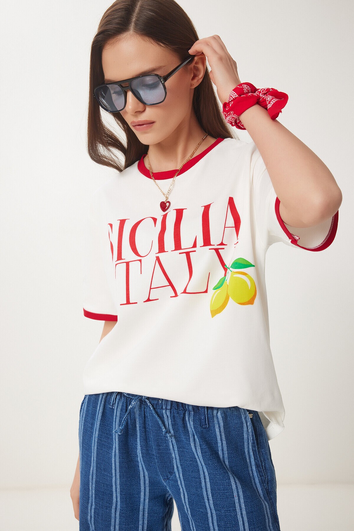 Baskılı Pamuklu Örme T-shirt EKRU KIRMIZI LNS0042