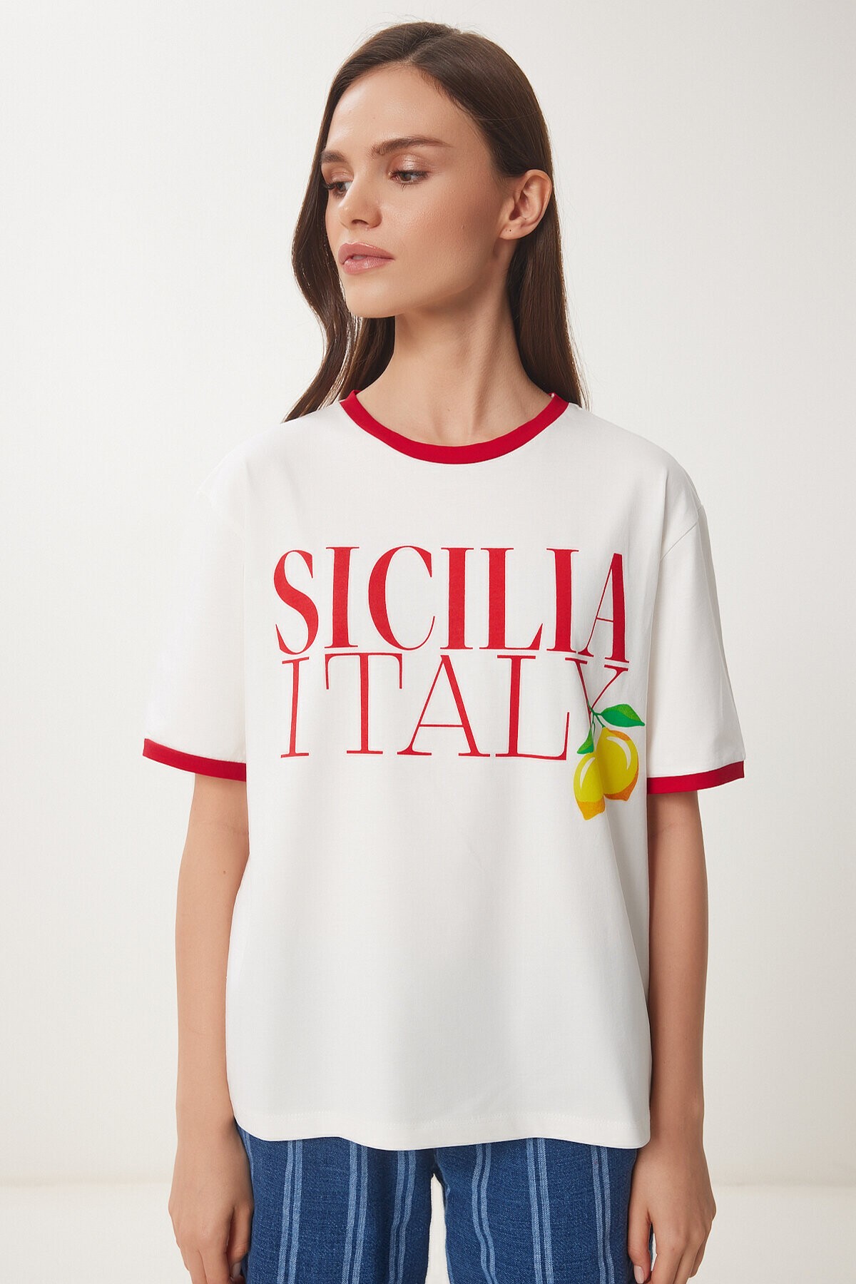 Baskılı Pamuklu Örme T-shirt EKRU KIRMIZI LNS0042