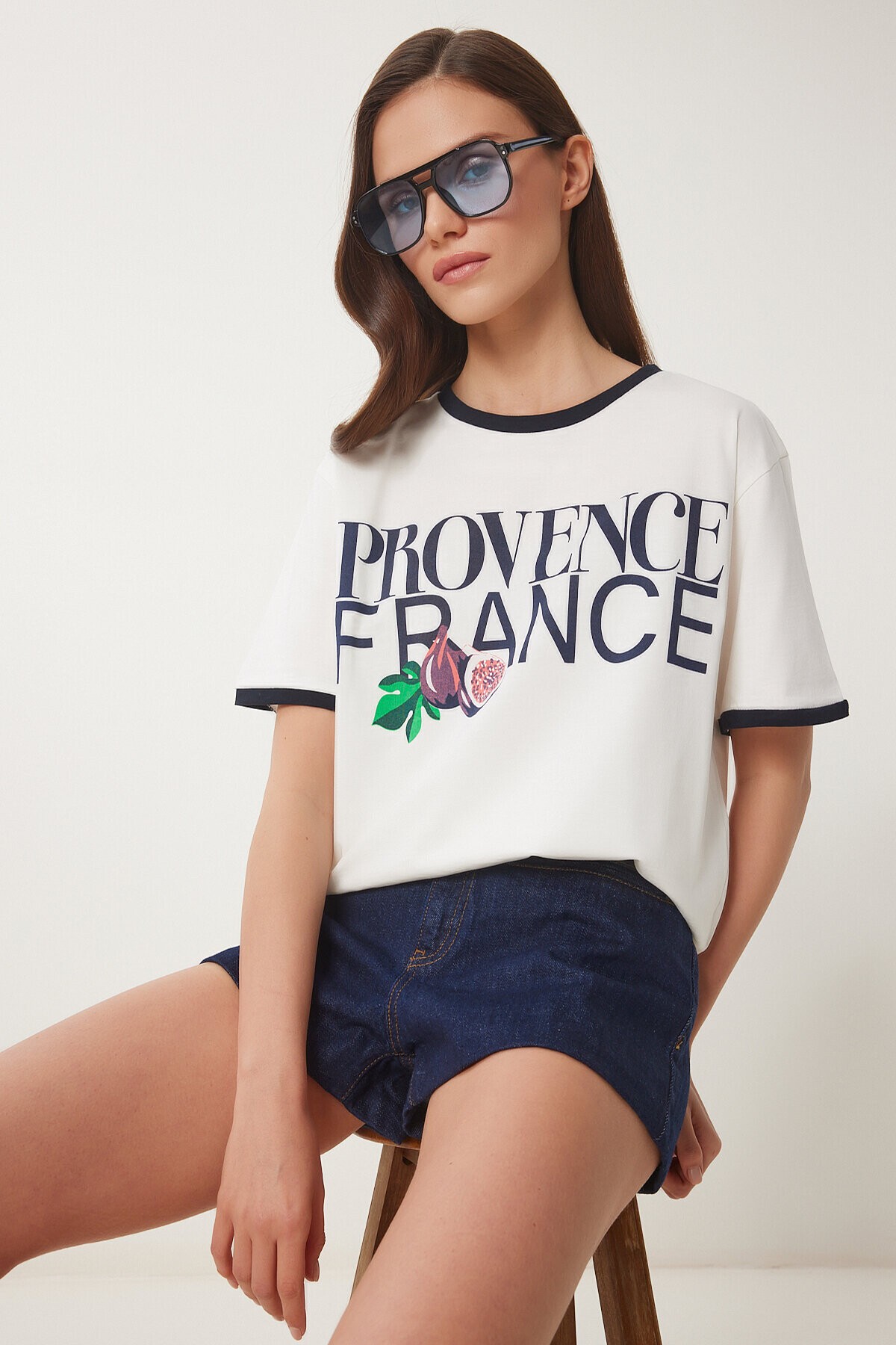 Baskılı Pamuklu Örme T-shirt EKRU LACİVERT LNS0042