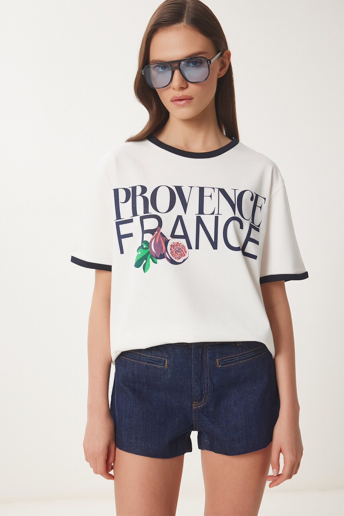 Baskılı Pamuklu Örme T-shirt EKRU LACİVERT LNS0042