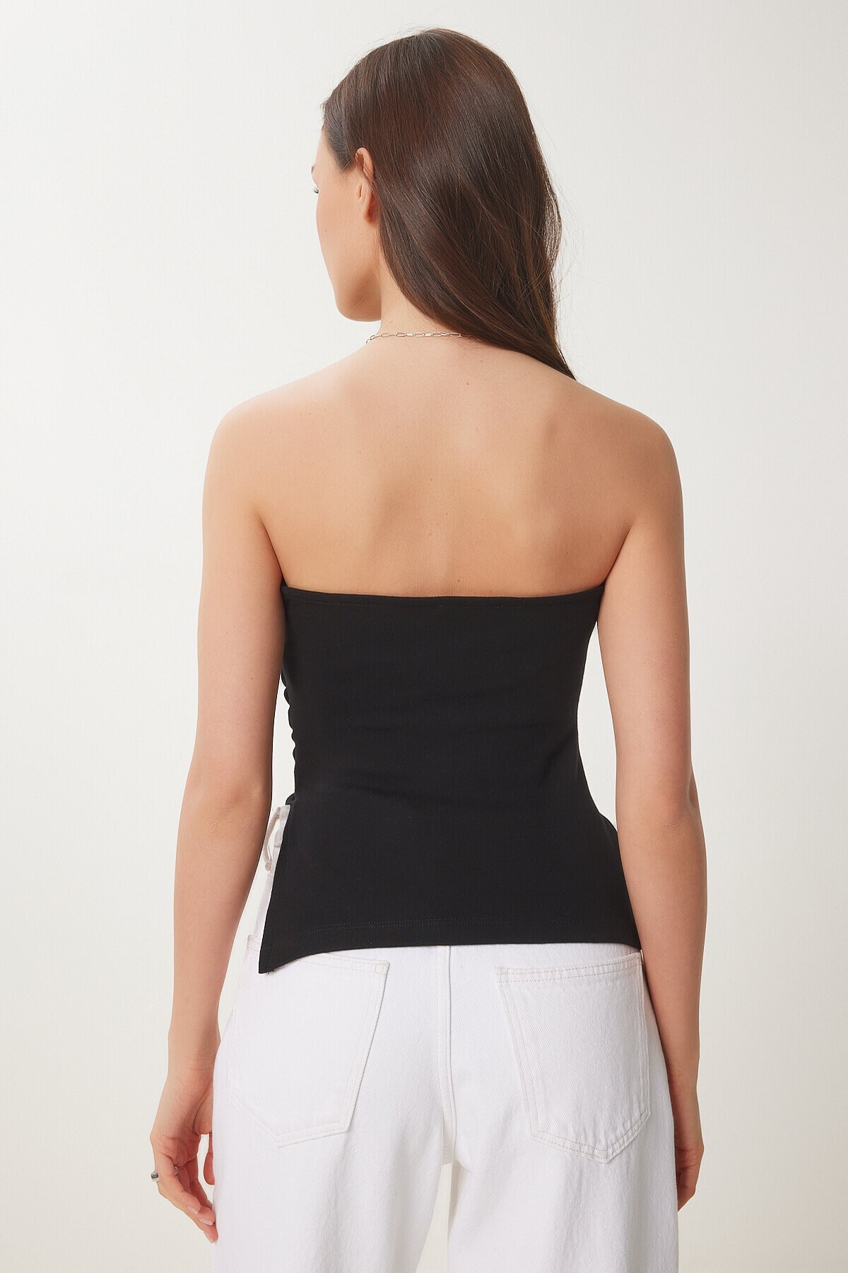 Büzgülü Straplez Örme Bluz SİYAH LNS0037