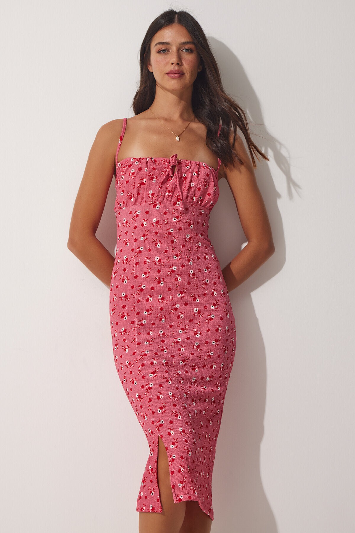 Çiçekli Büzgülü Yaka Yazlık Örme Elbise PEMBE LFF0022