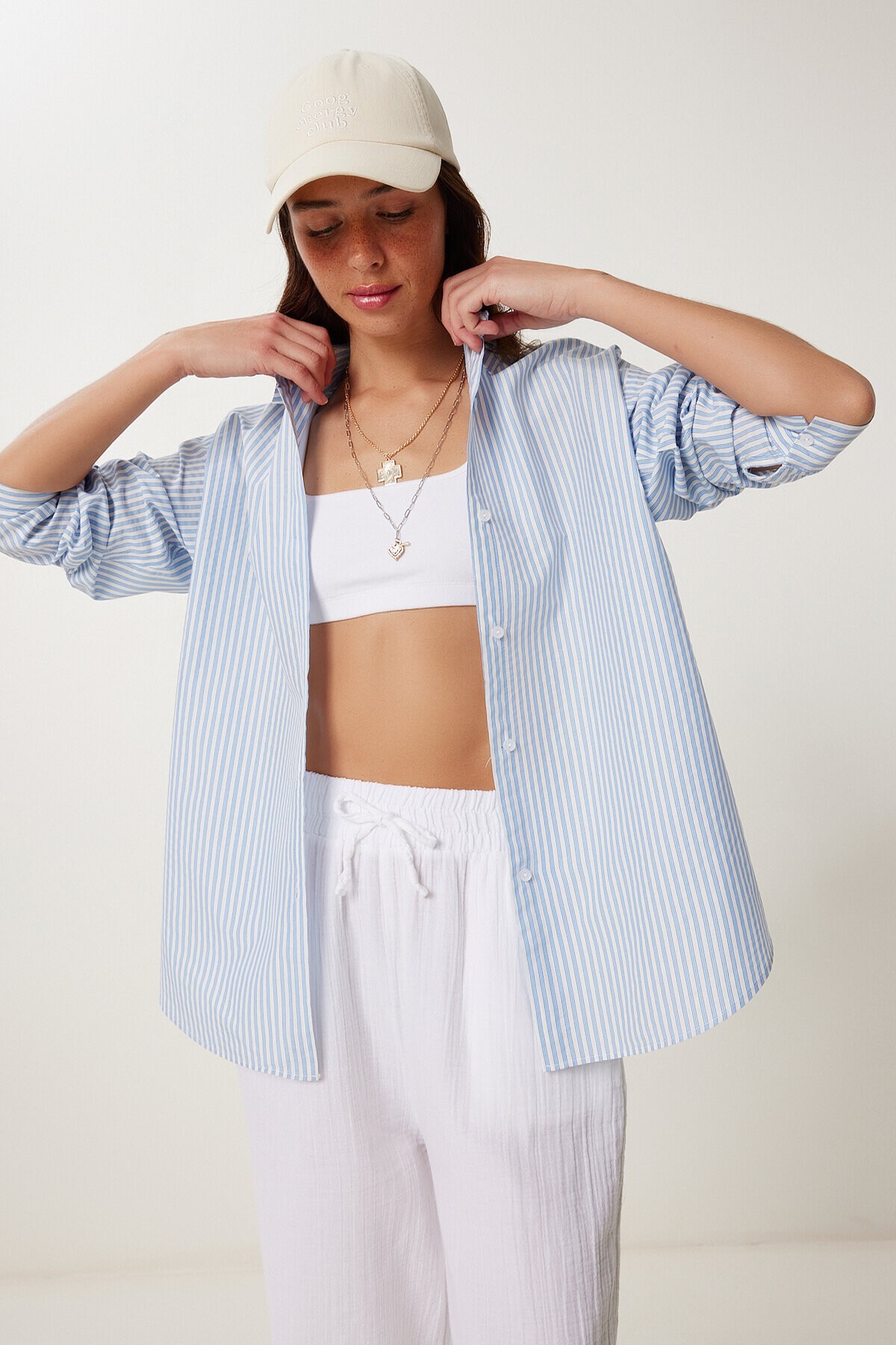 Çizgili Oversize Dokuma Poplin Gömlek GÖK MAVİ LMX0083