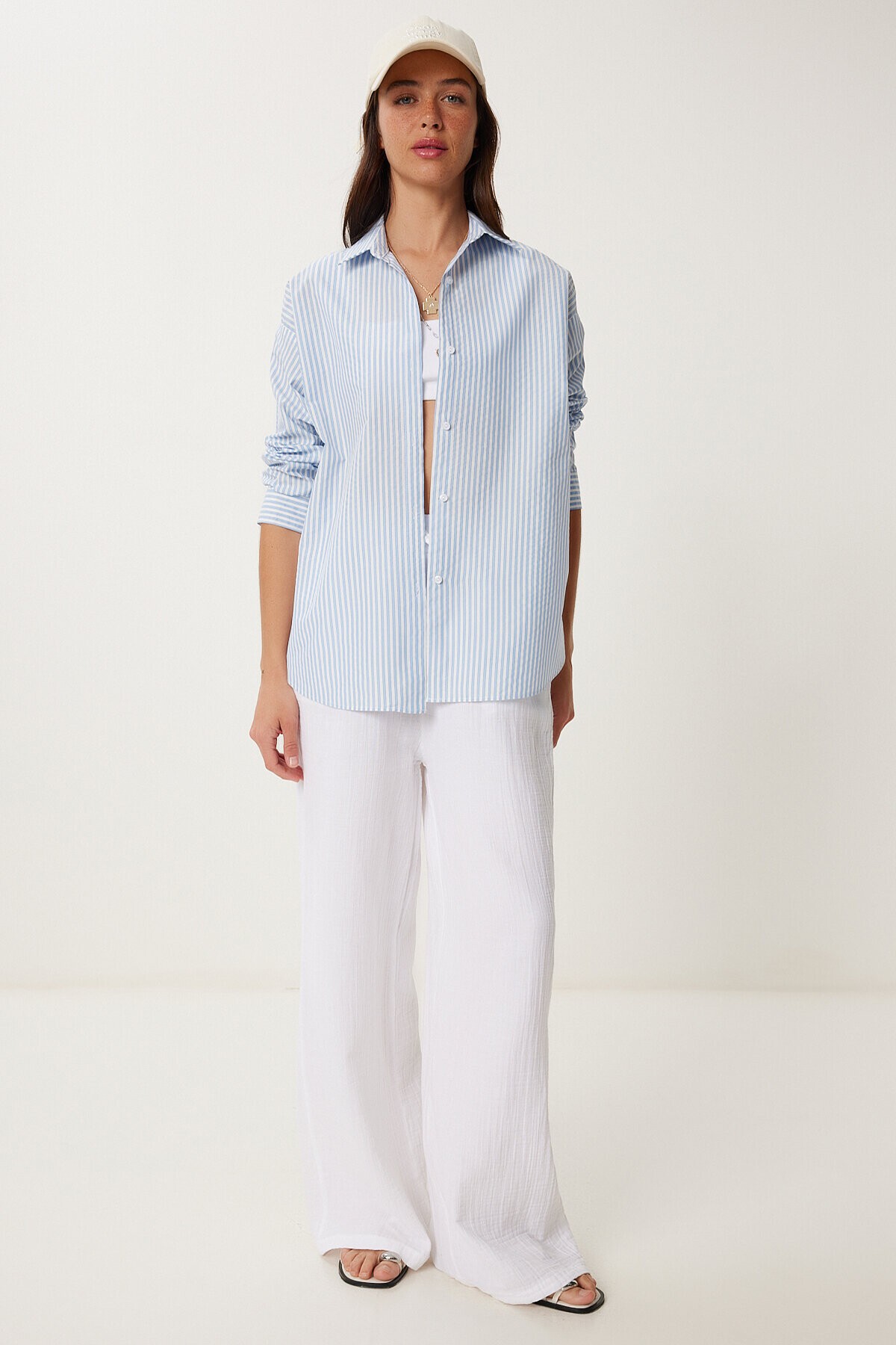 Çizgili Oversize Dokuma Poplin Gömlek GÖK MAVİ LMX0083