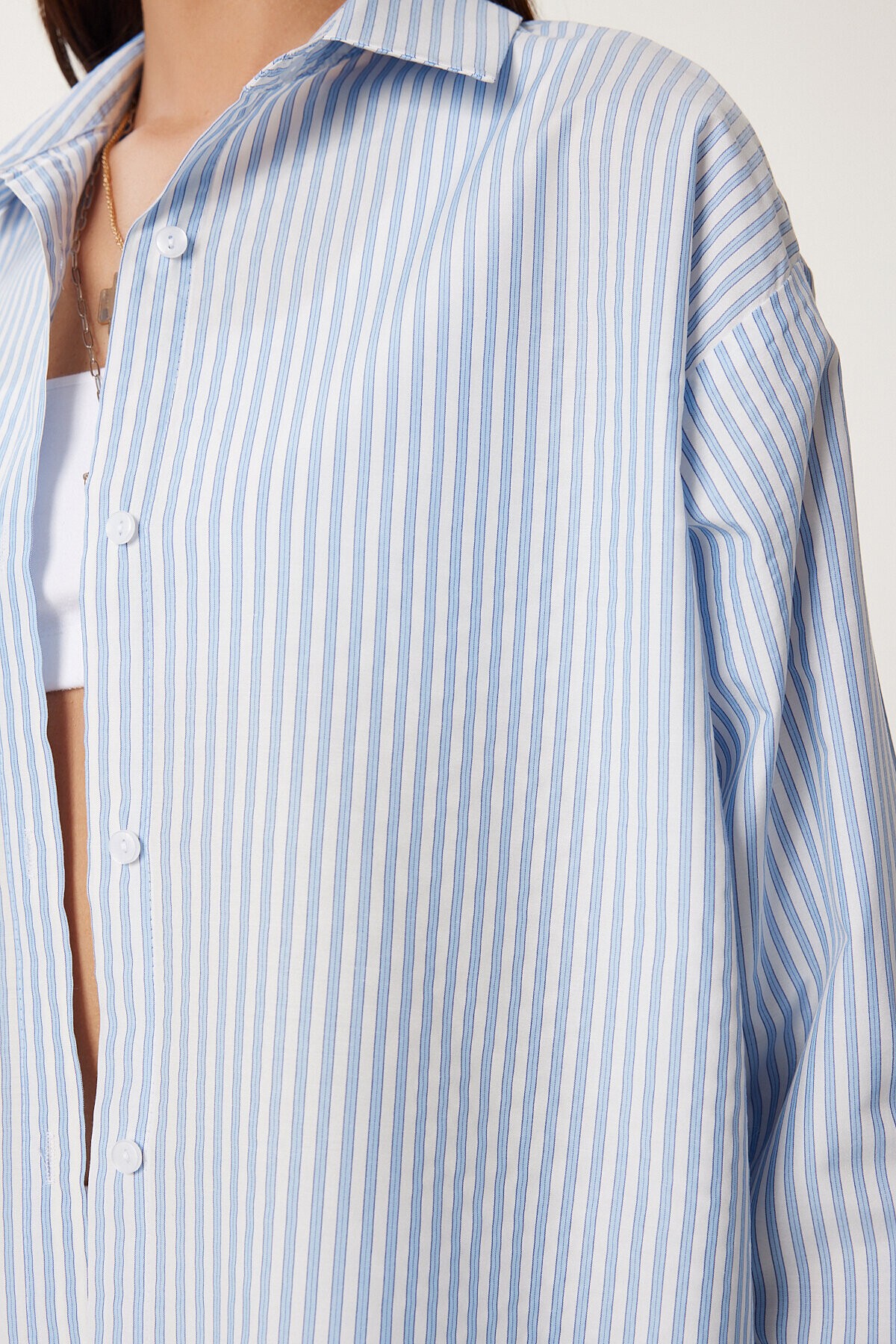 Çizgili Oversize Dokuma Poplin Gömlek GÖK MAVİ LMX0083