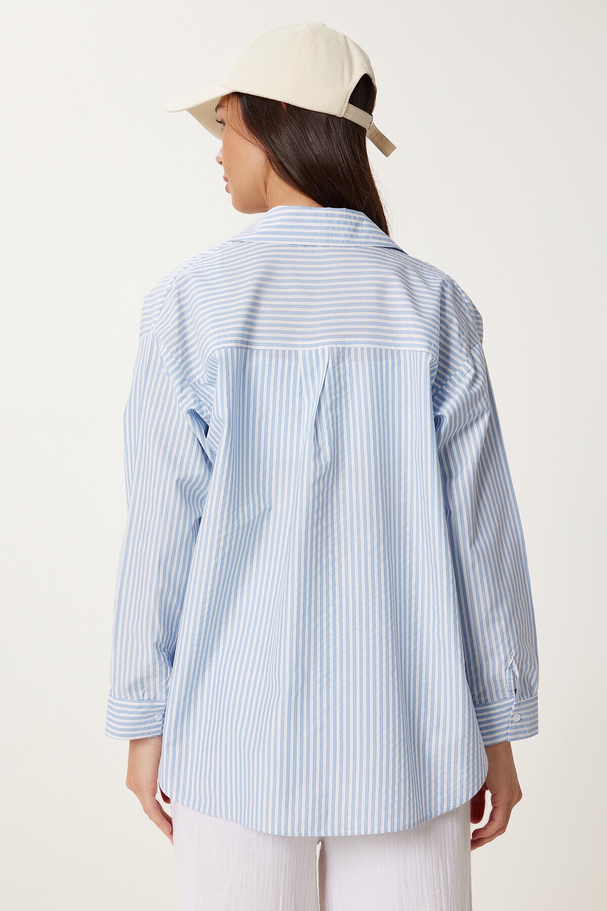 Çizgili Oversize Dokuma Poplin Gömlek GÖK MAVİ LMX0083
