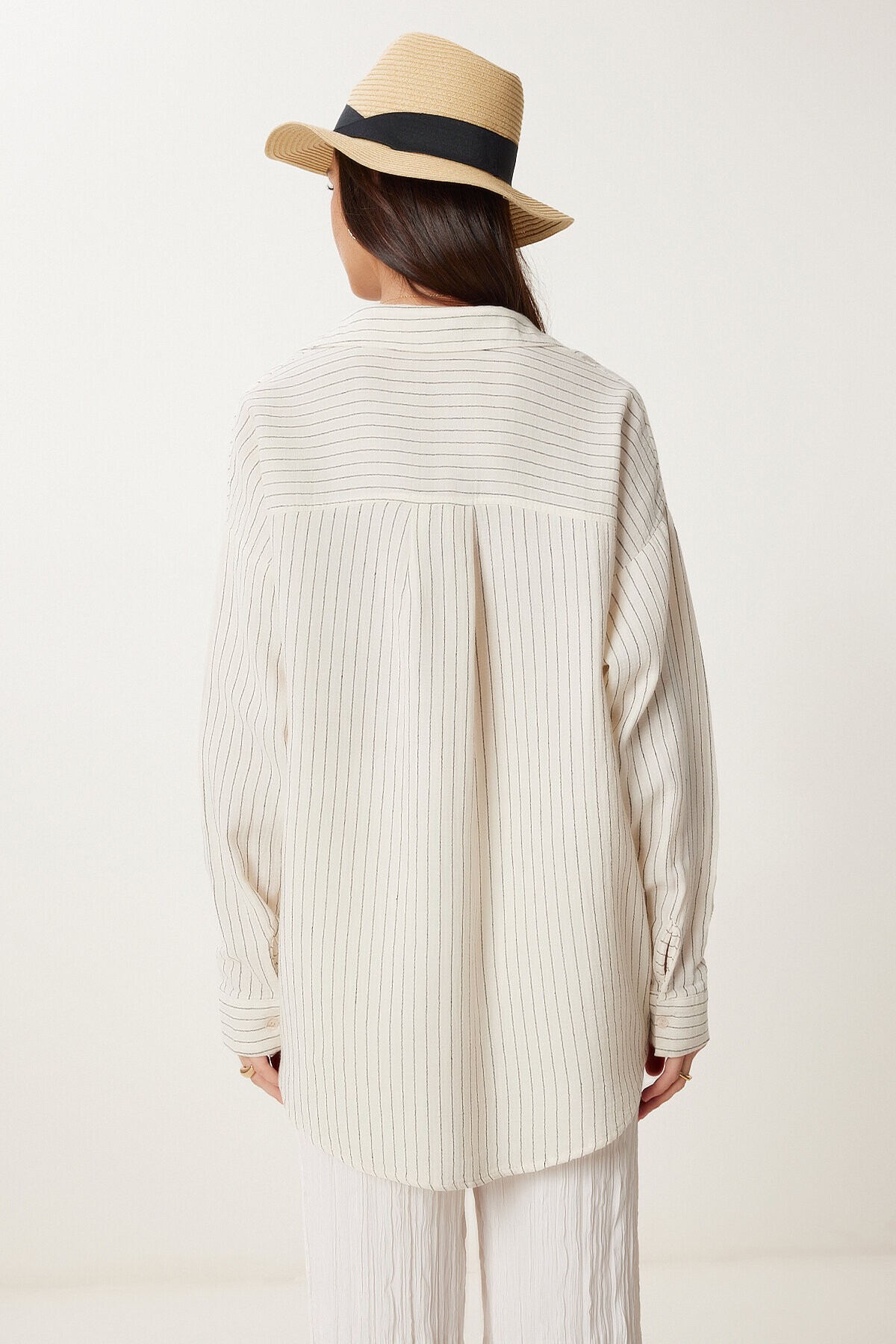 Çizgili Oversize Keten Gömlek KREM LMX0081