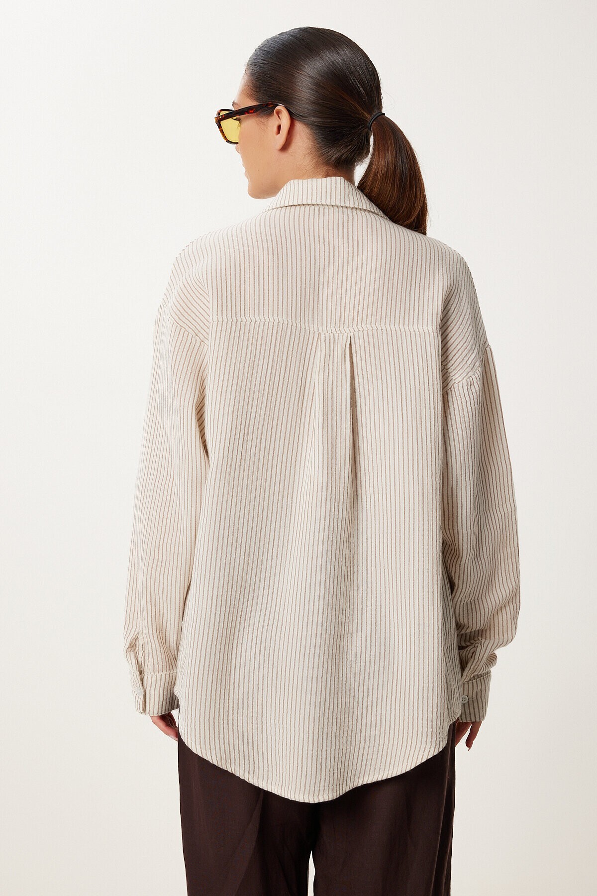 Çizgili Oversize Müslin Gömlek KREM BİSKÜVİ LSA0012