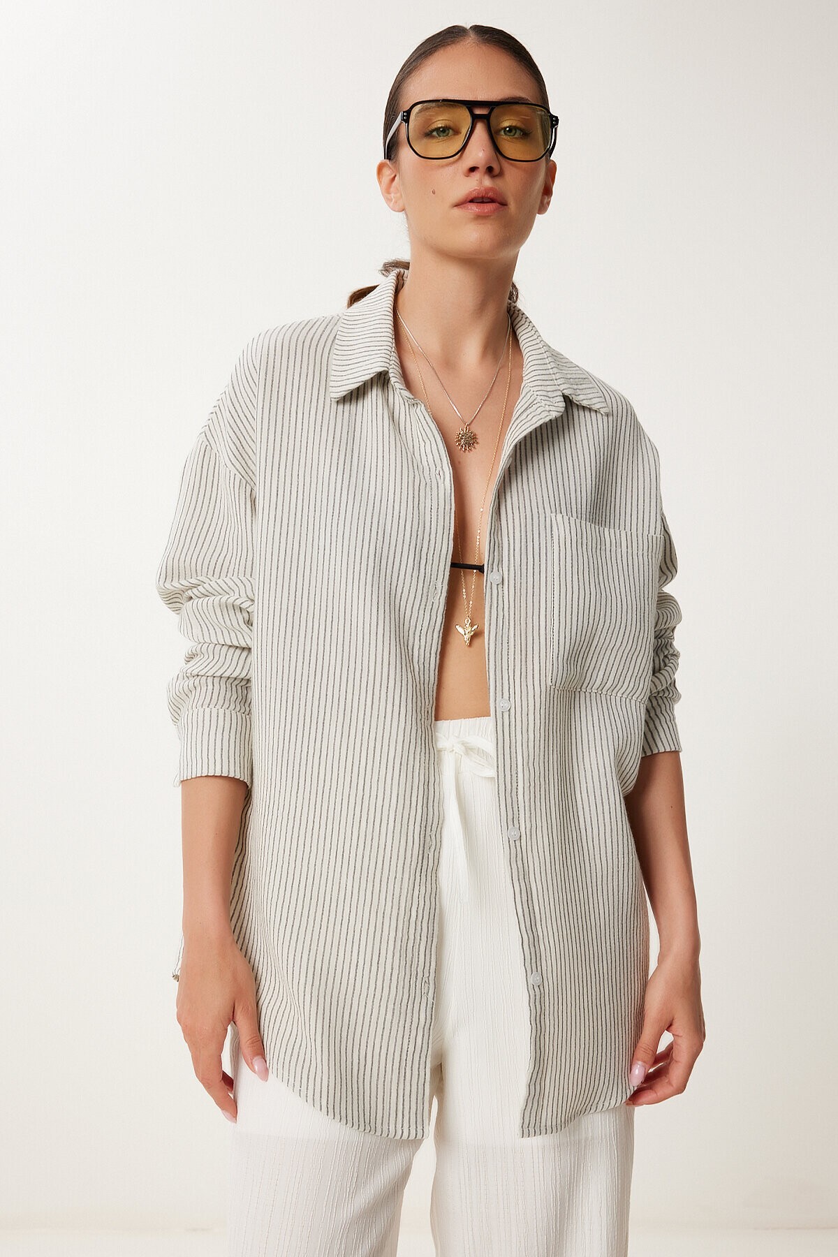 Çizgili Oversize Müslin Gömlek KREM GRİ LSA0012