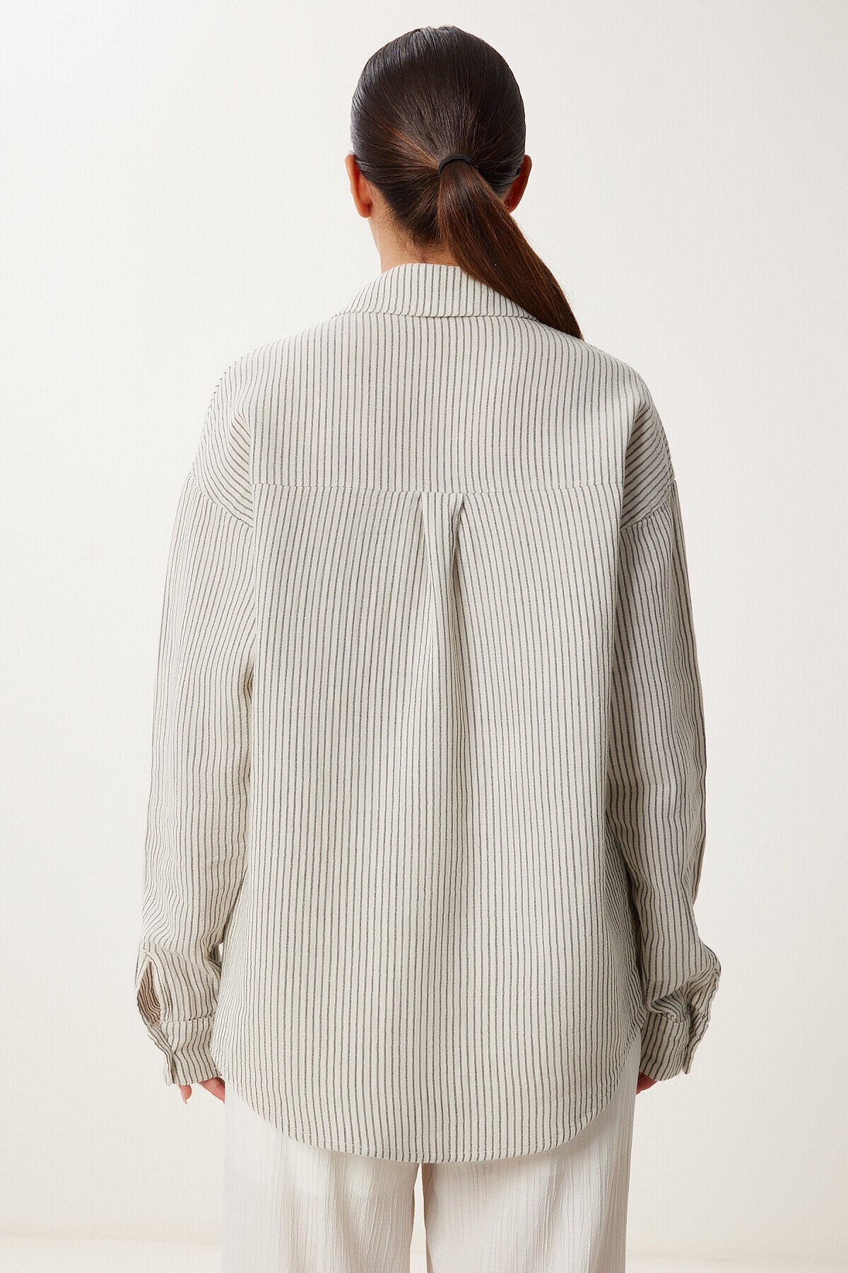 Çizgili Oversize Müslin Gömlek KREM GRİ LSA0012