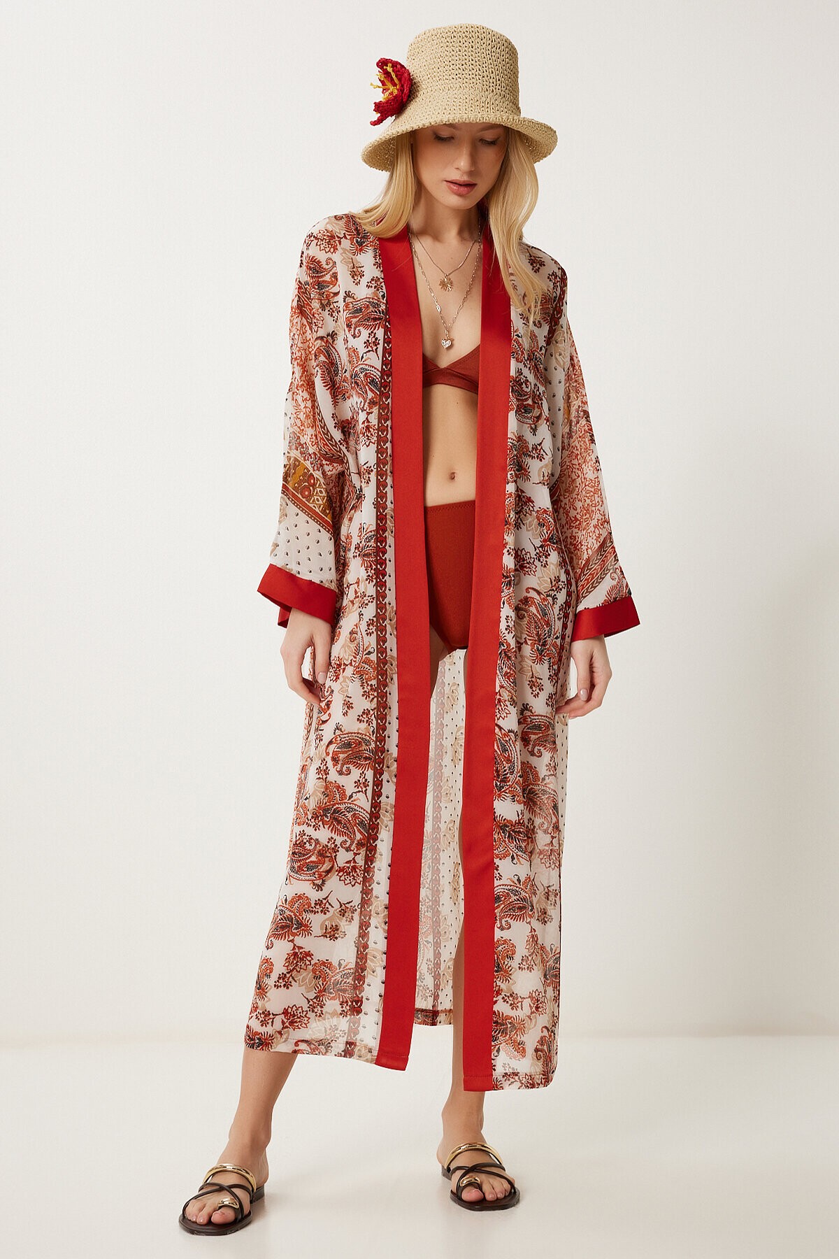 Desenli Şifon Kimono KİREMİT KEMİK LFG0002