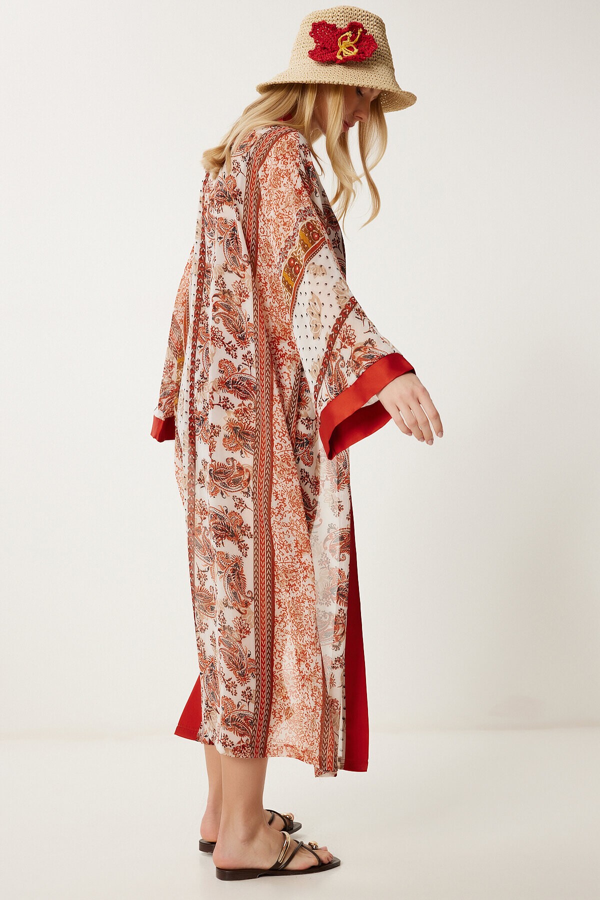 Desenli Şifon Kimono KİREMİT KEMİK LFG0002