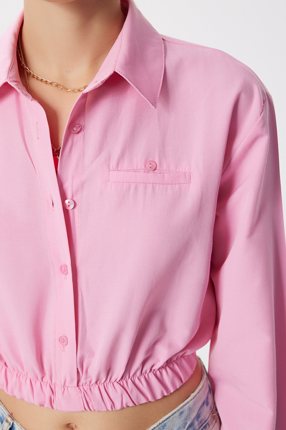 Elastik Belli Crop Dokuma Gömlek ŞEKER PEMBE LMX0111