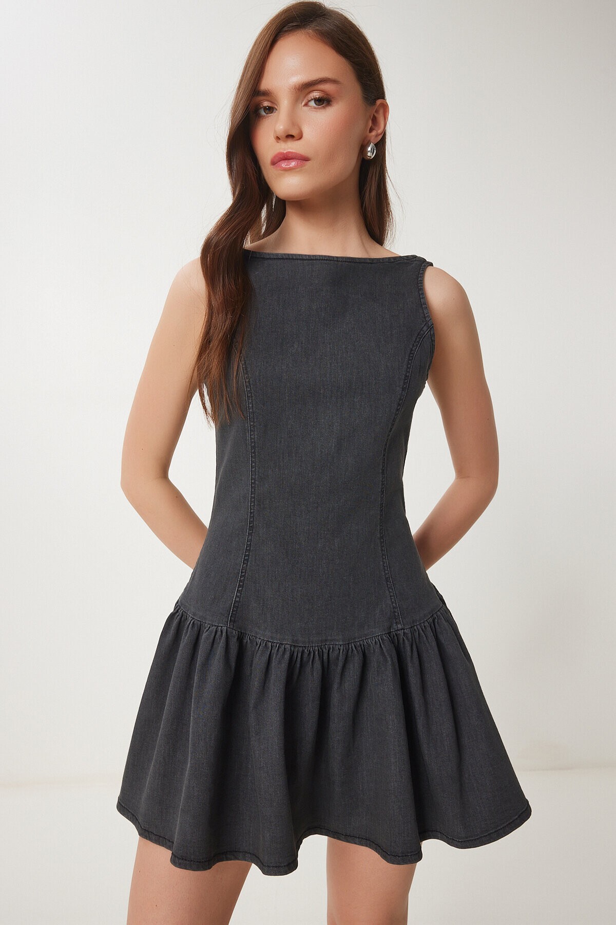 Fırfırlı Mini Denim Elbise ANTRASİT LHC0011