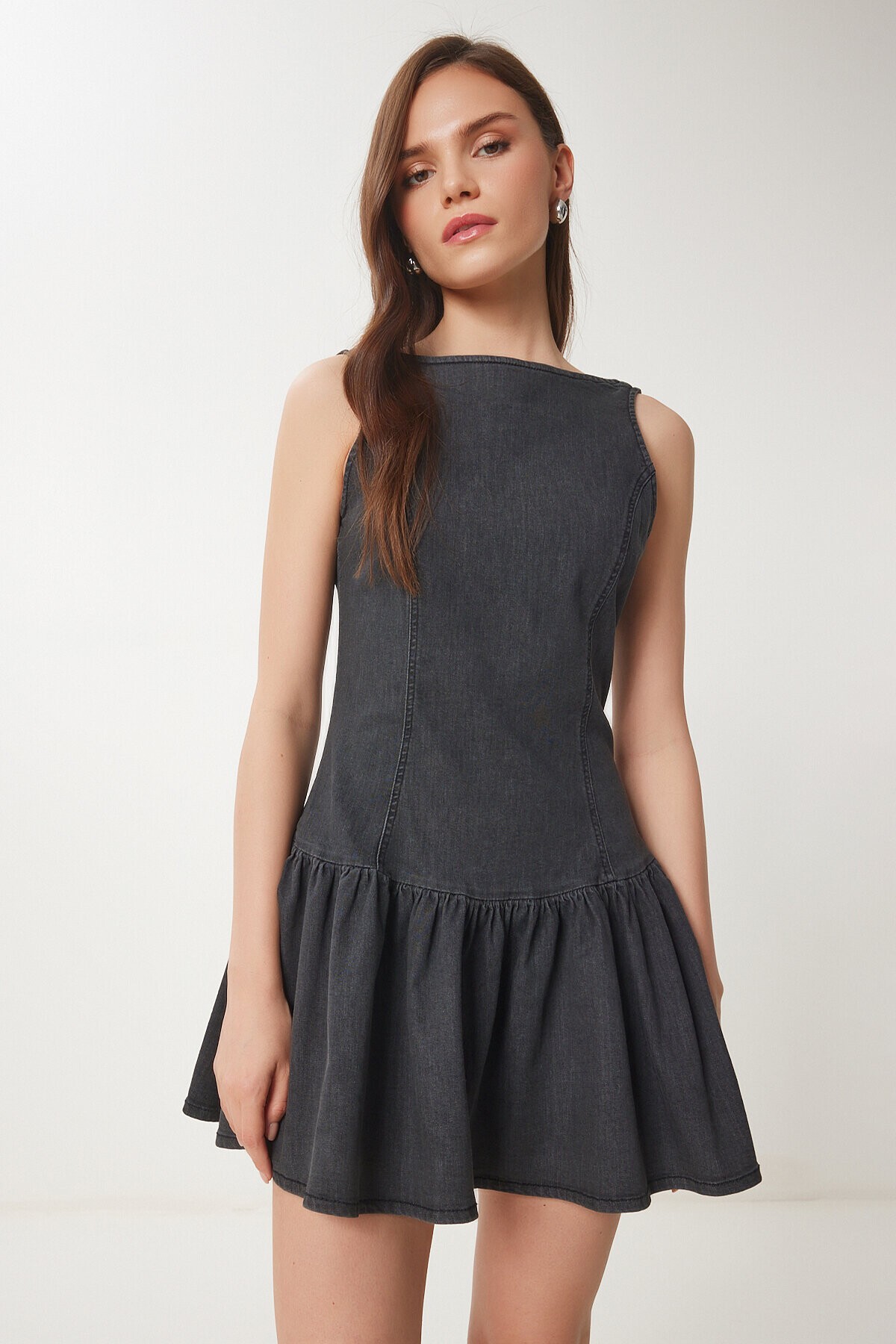 Fırfırlı Mini Denim Elbise ANTRASİT LHC0011