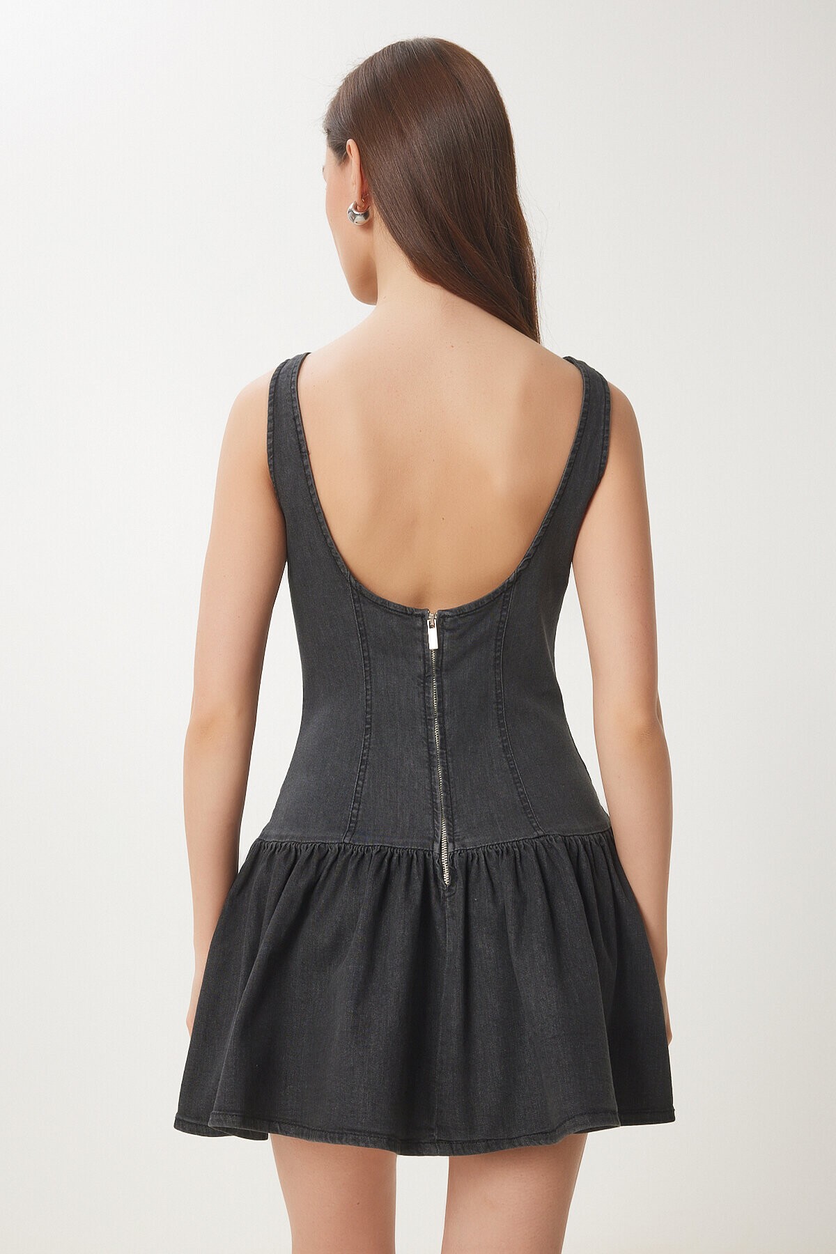 Fırfırlı Mini Denim Elbise ANTRASİT LHC0011