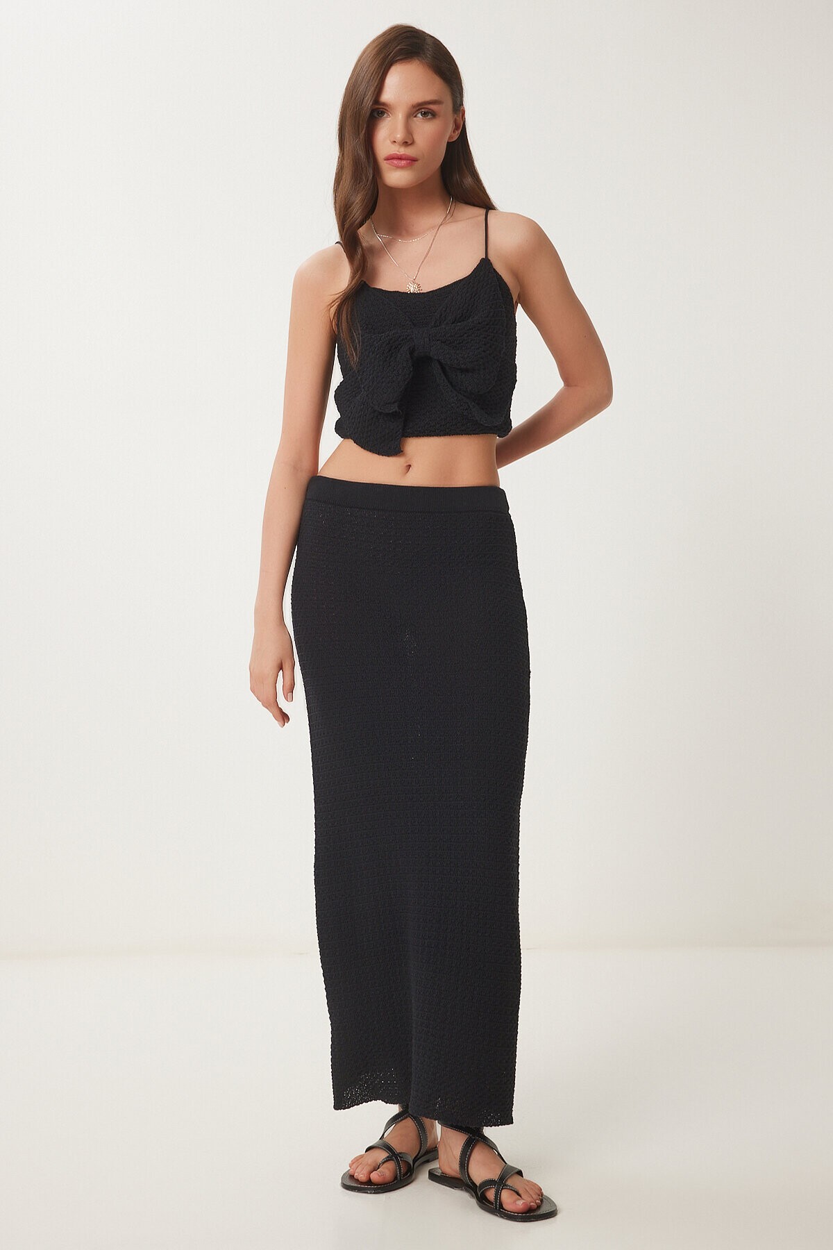 Fiyonklu Yazlık Triko Crop Etek Takım SİYAH LNS0036
