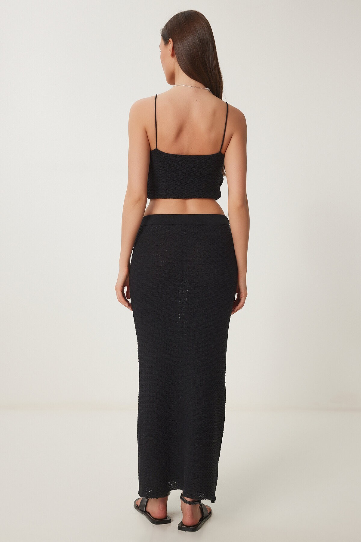 Fiyonklu Yazlık Triko Crop Etek Takım SİYAH LNS0036