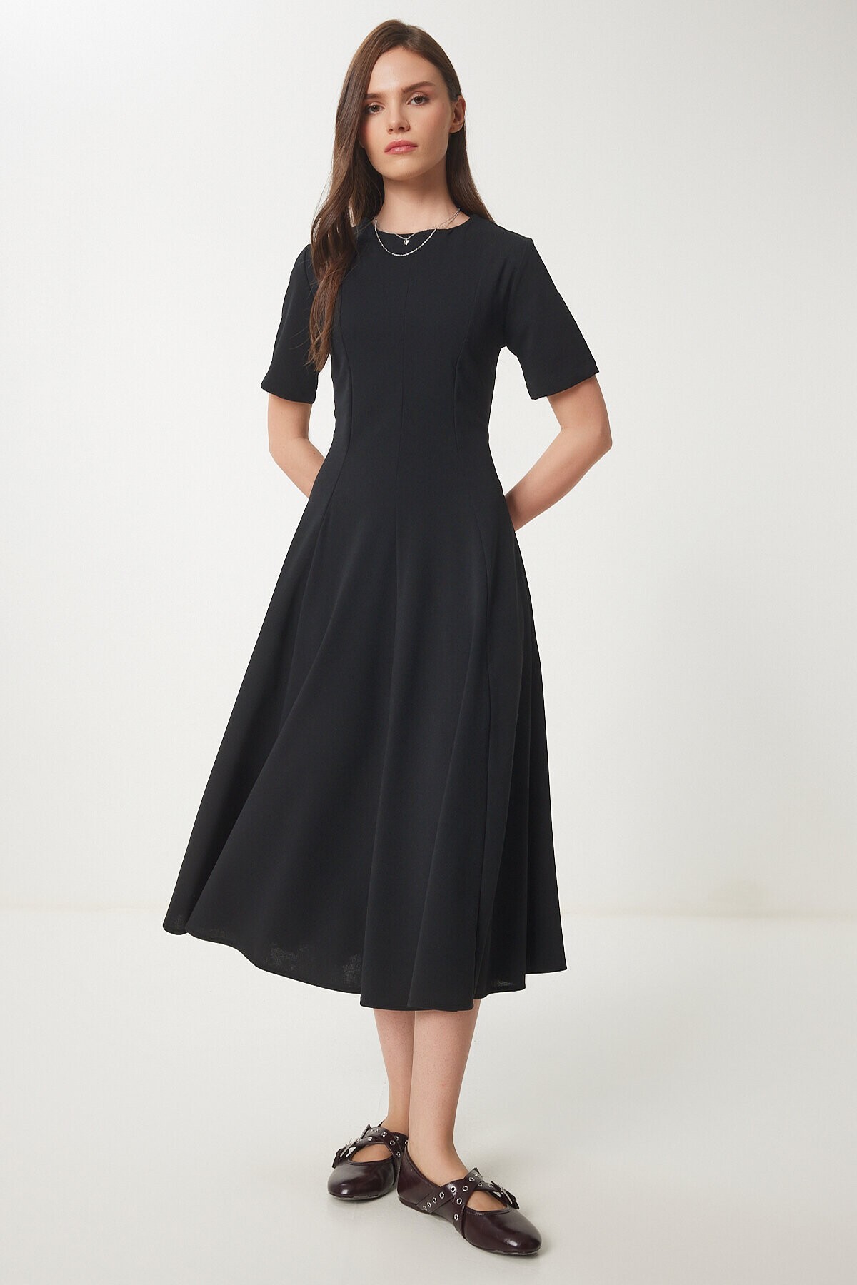 Godeli Midi Dokuma Elbise SİYAH LUB0091