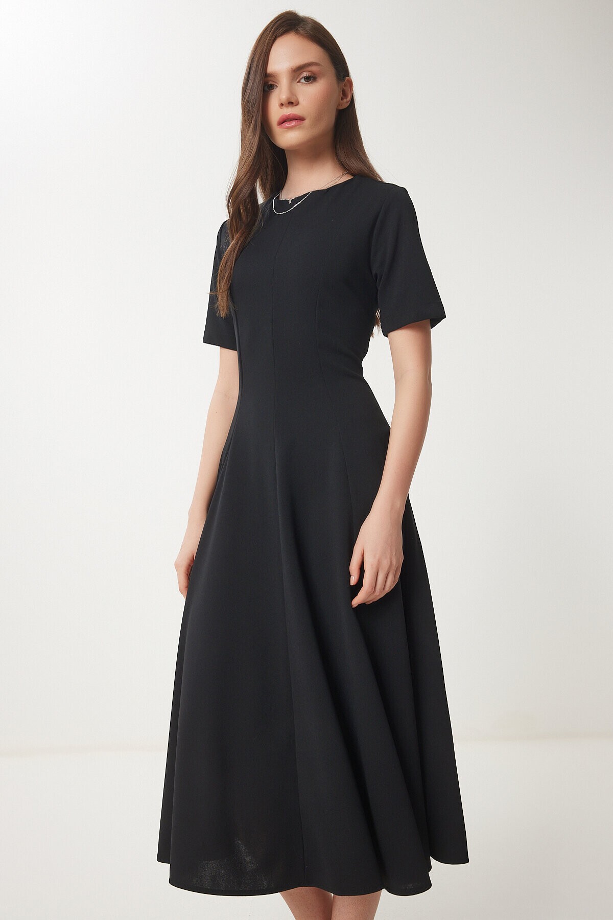 Godeli Midi Dokuma Elbise SİYAH LUB0091