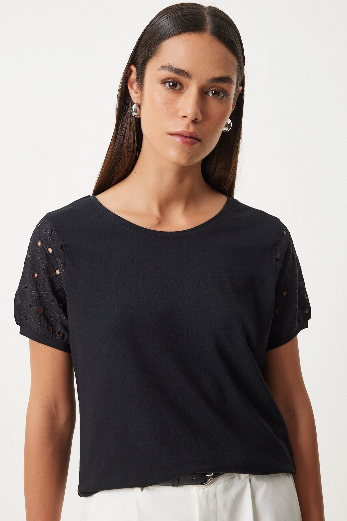 Güpür Kollu Pamuklu Basic Örme T-shirt SİYAH LVF0001