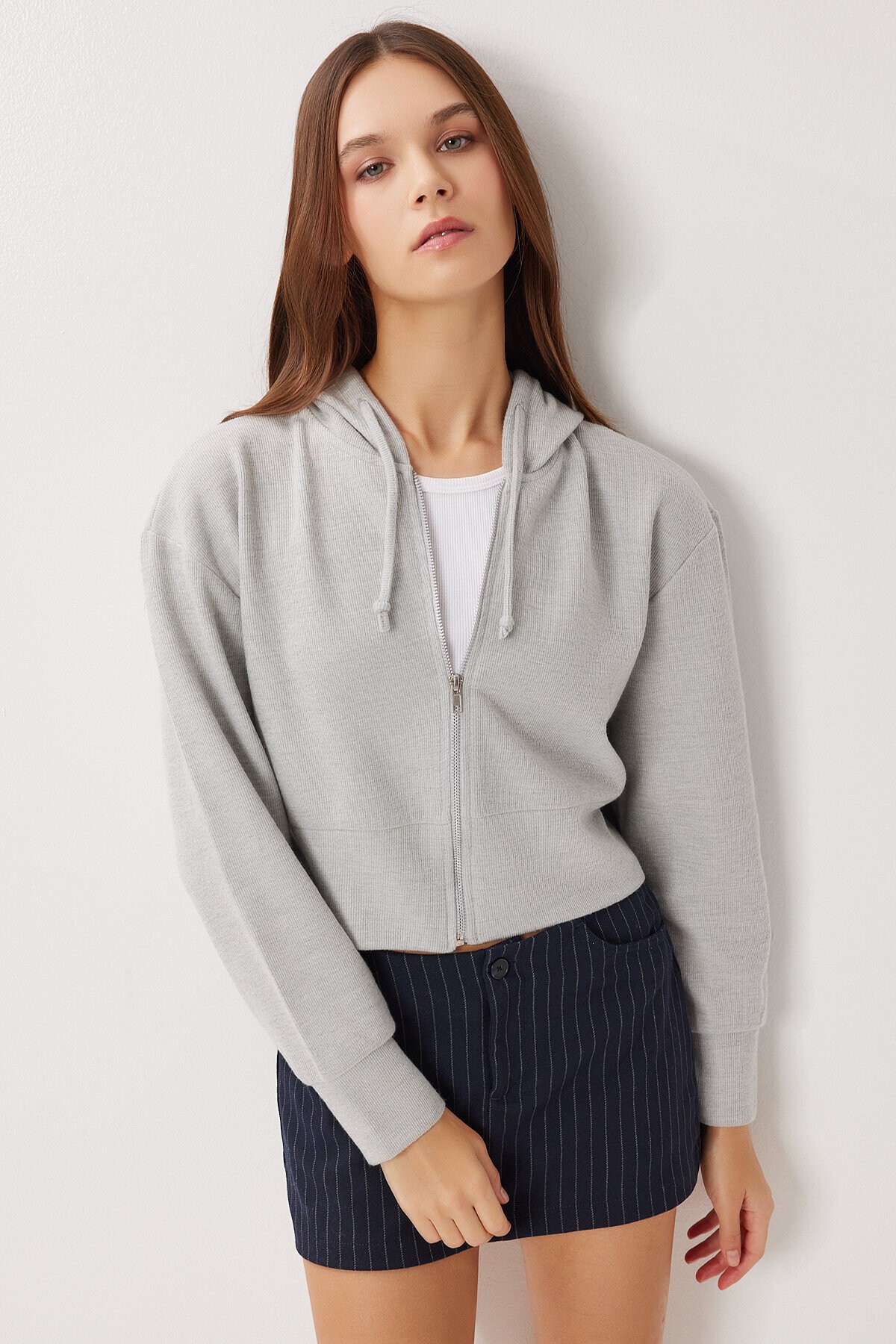 Kapüşonlu Fermuarlı Selanik Sweatshirt TAŞ GRİSİ LXA0025