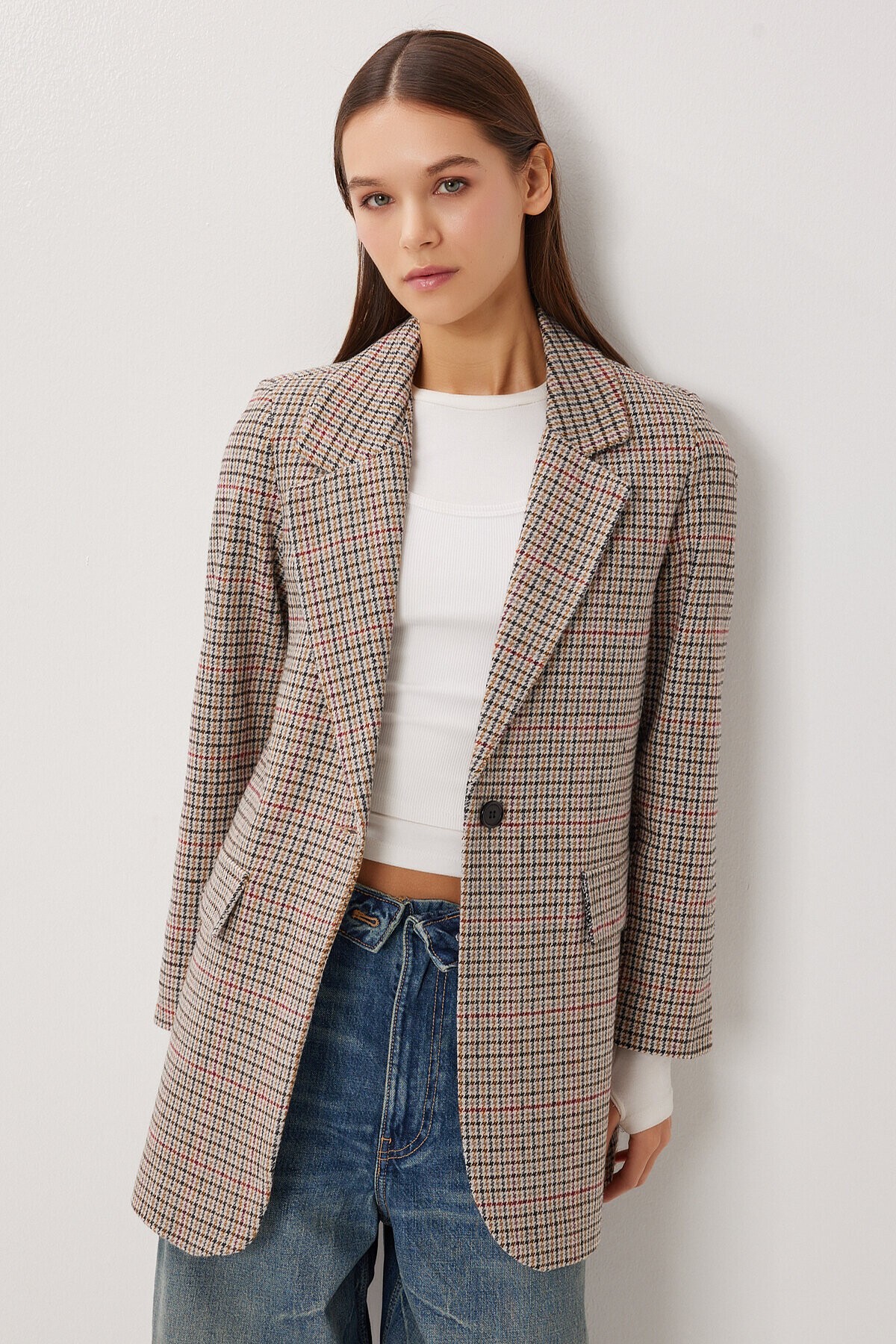 Kareli Vatkalı Düz Blazer Ceket KEMİK SİYAH LXA0019