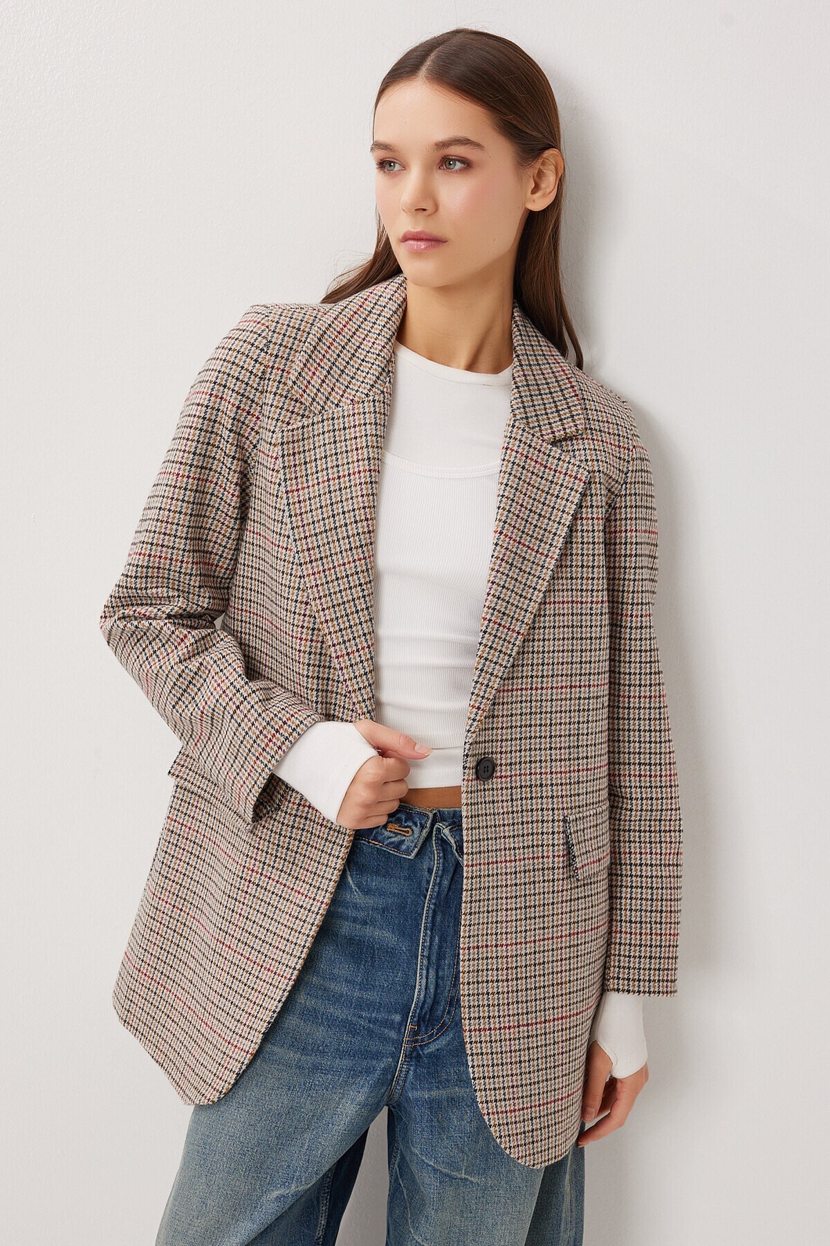 Kareli Vatkalı Düz Blazer Ceket KEMİK SİYAH LXA0019
