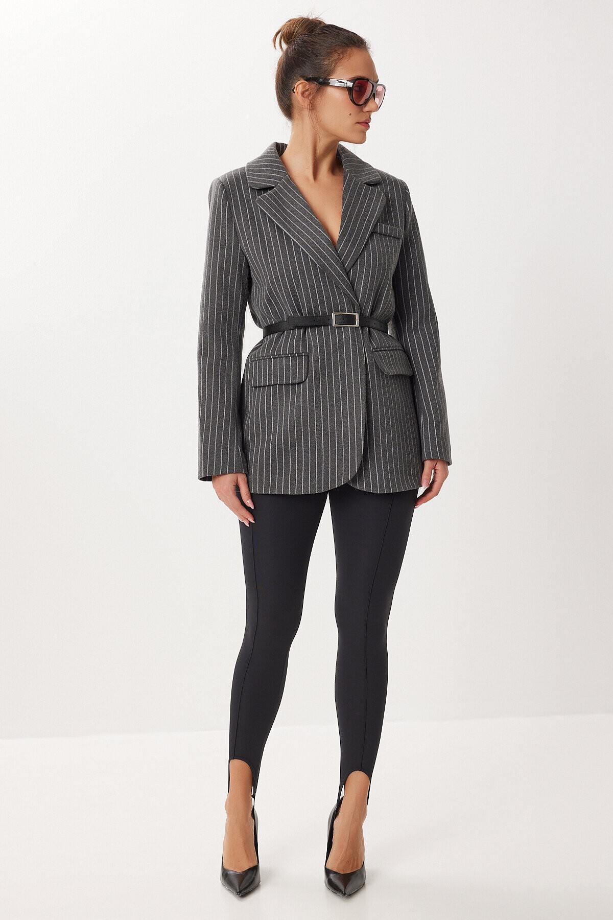 Kemerli Çizgili Kaşe Blazer Ceket ANTRASİT LFN0144