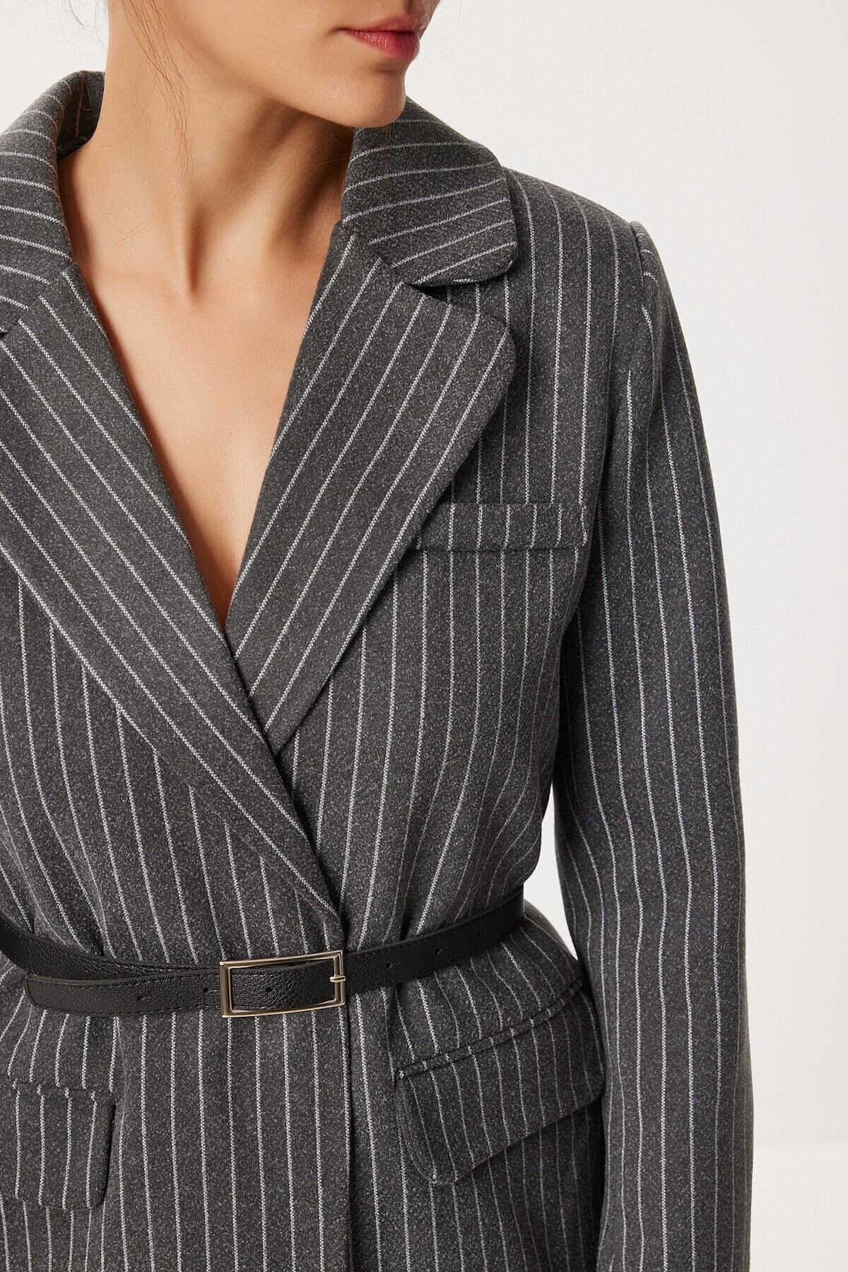 Kemerli Çizgili Kaşe Blazer Ceket ANTRASİT LFN0144