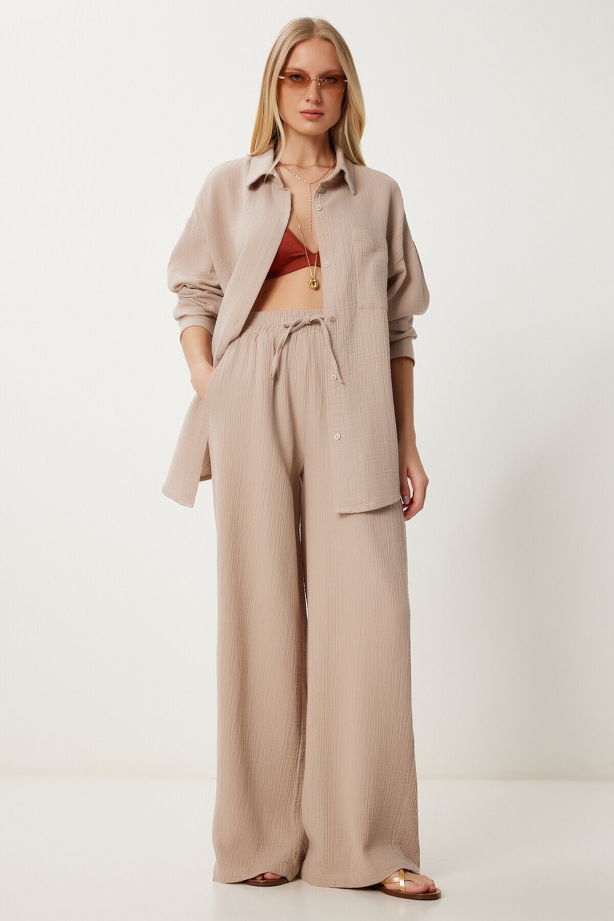 Oversize Müslin Gömlek Pantolon Takım BEJ LSA0014