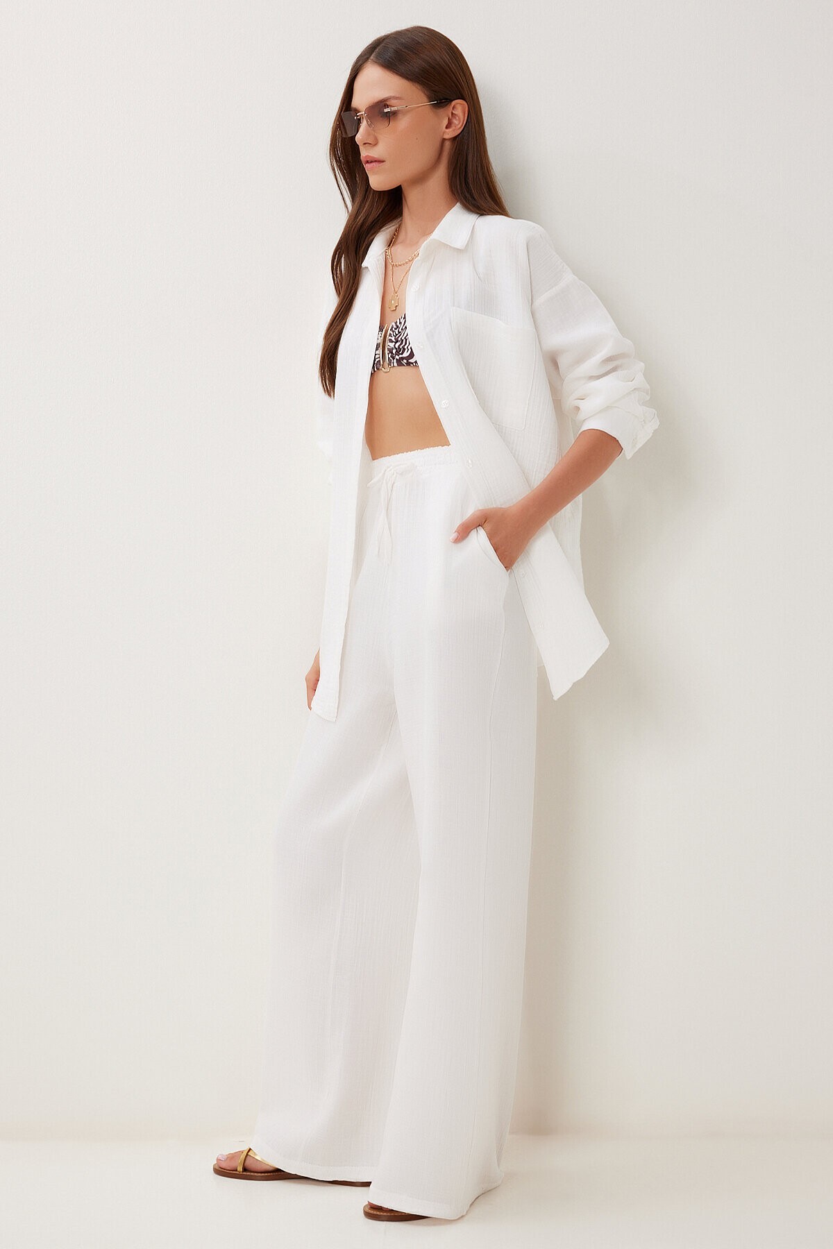 Oversize Müslin Gömlek Pantolon Takım EKRU LSA0014